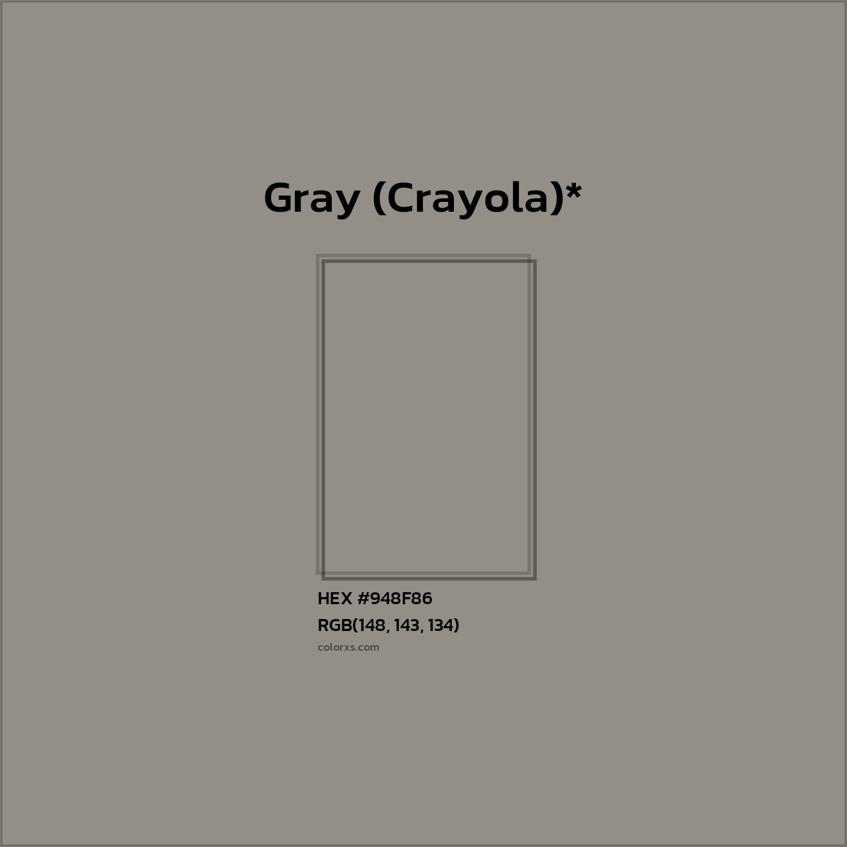 #948F86 hex color. RGB, RYB, CMYK, HSL, HSV codes and color conversions. Matching color names, palettes, paints.