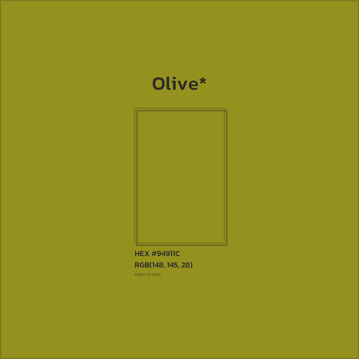#94911C hex color. RGB, RYB, CMYK, HSL, HSV codes and color conversions. Matching color names, palettes, paints.
