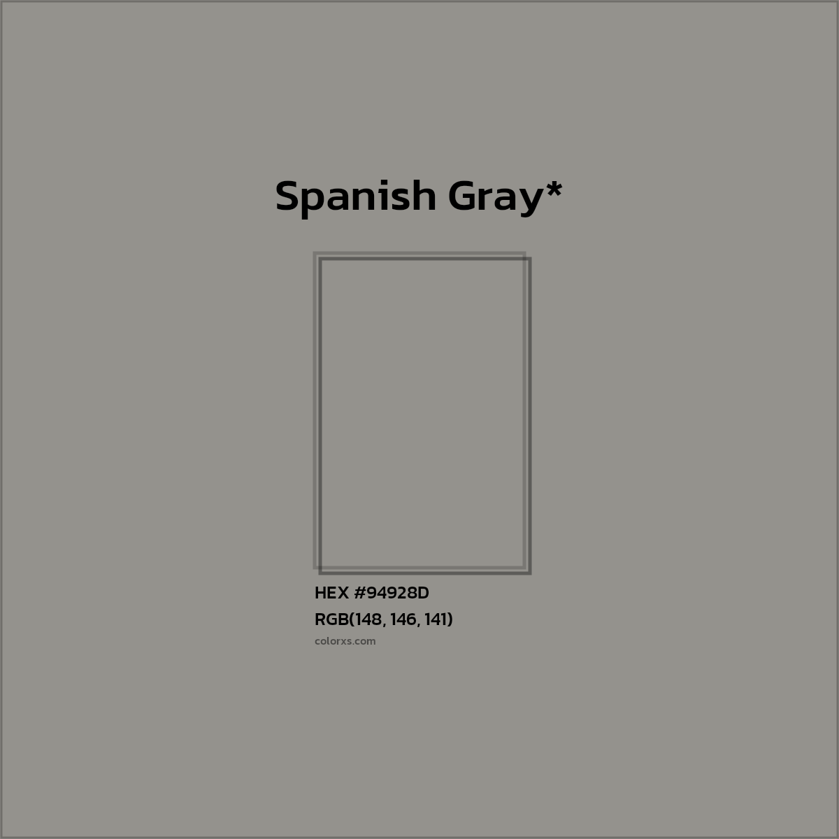 #94928D hex color. RGB, RYB, CMYK, HSL, HSV codes and color conversions. Matching color names, palettes, paints.