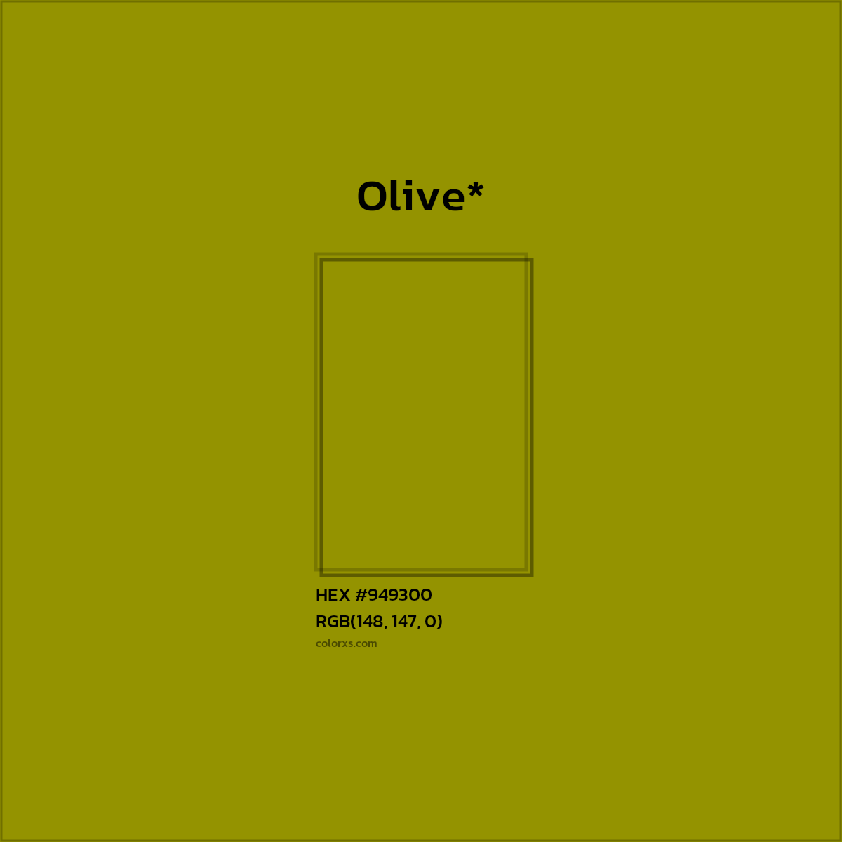 #949300 hex color. RGB, RYB, CMYK, HSL, HSV codes and color conversions. Matching color names, palettes, paints.