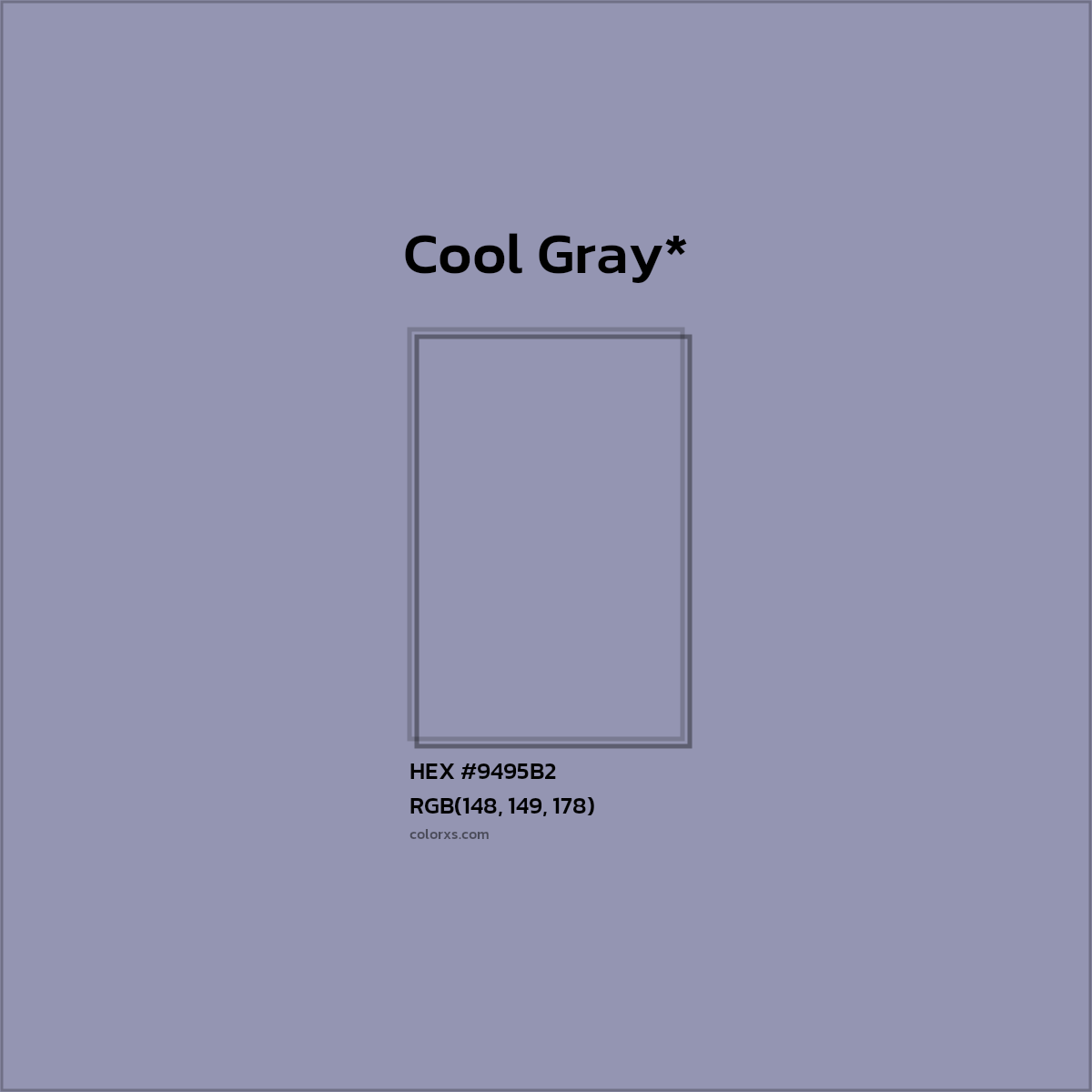 #9495B2 hex color. RGB, RYB, CMYK, HSL, HSV codes and color conversions. Matching color names, palettes, paints.