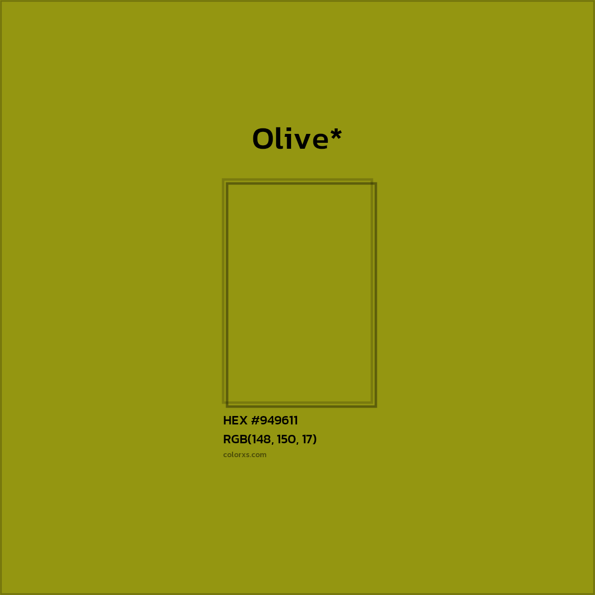 #949611 hex color. RGB, RYB, CMYK, HSL, HSV codes and color conversions. Matching color names, palettes, paints.