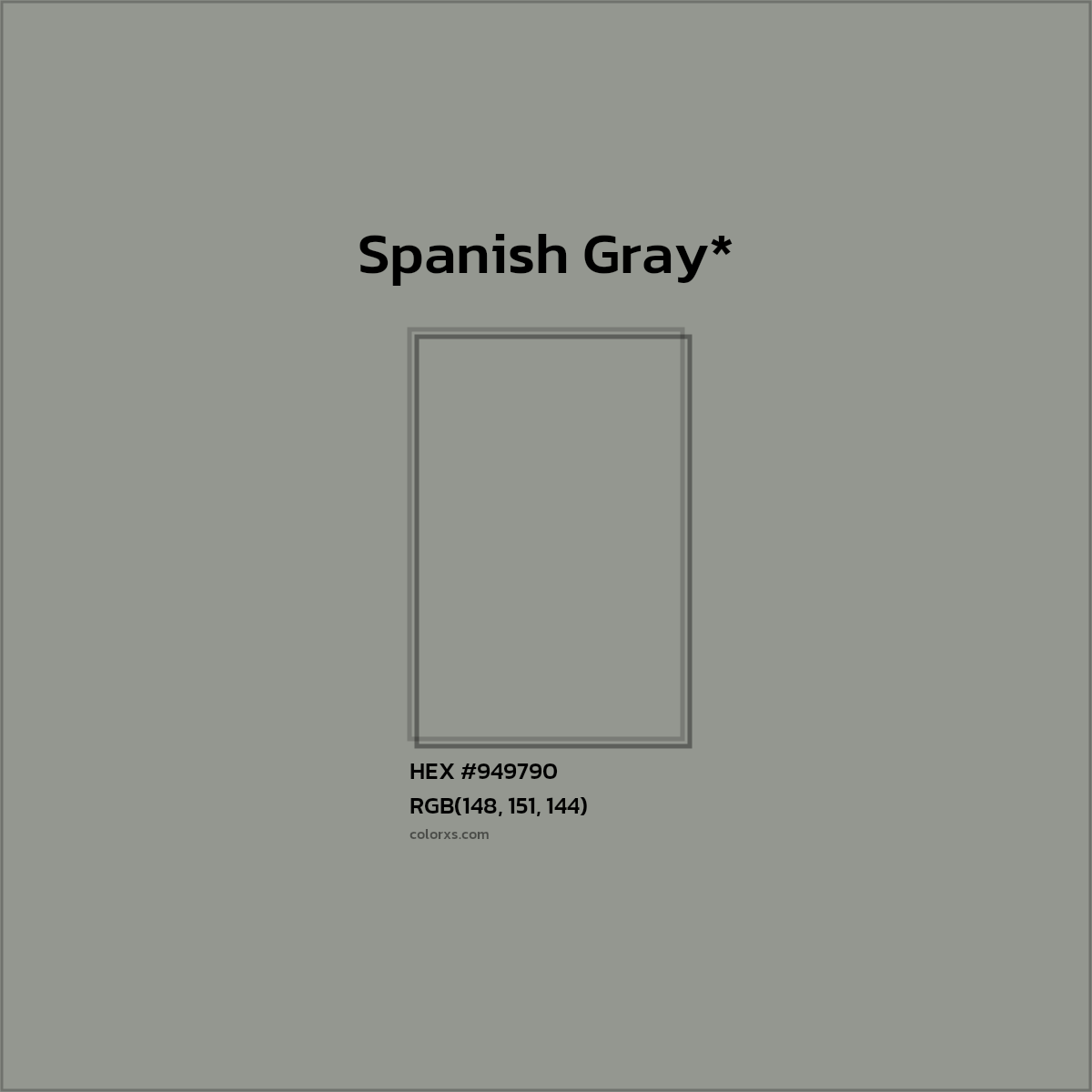 #949790 hex color. RGB, RYB, CMYK, HSL, HSV codes and color conversions. Matching color names, palettes, paints.