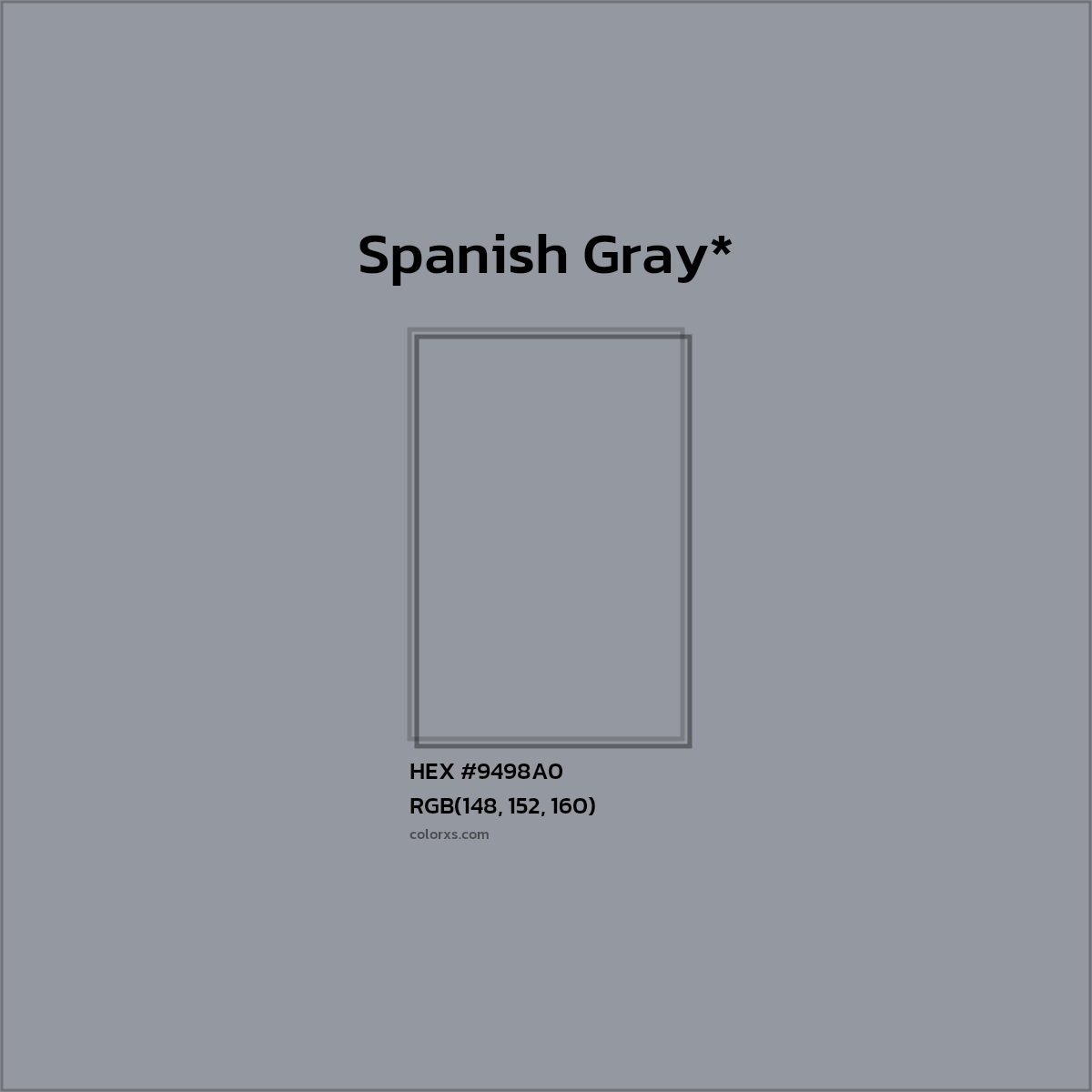 #9498A0 hex color. RGB, RYB, CMYK, HSL, HSV codes and color conversions. Matching color names, palettes, paints.