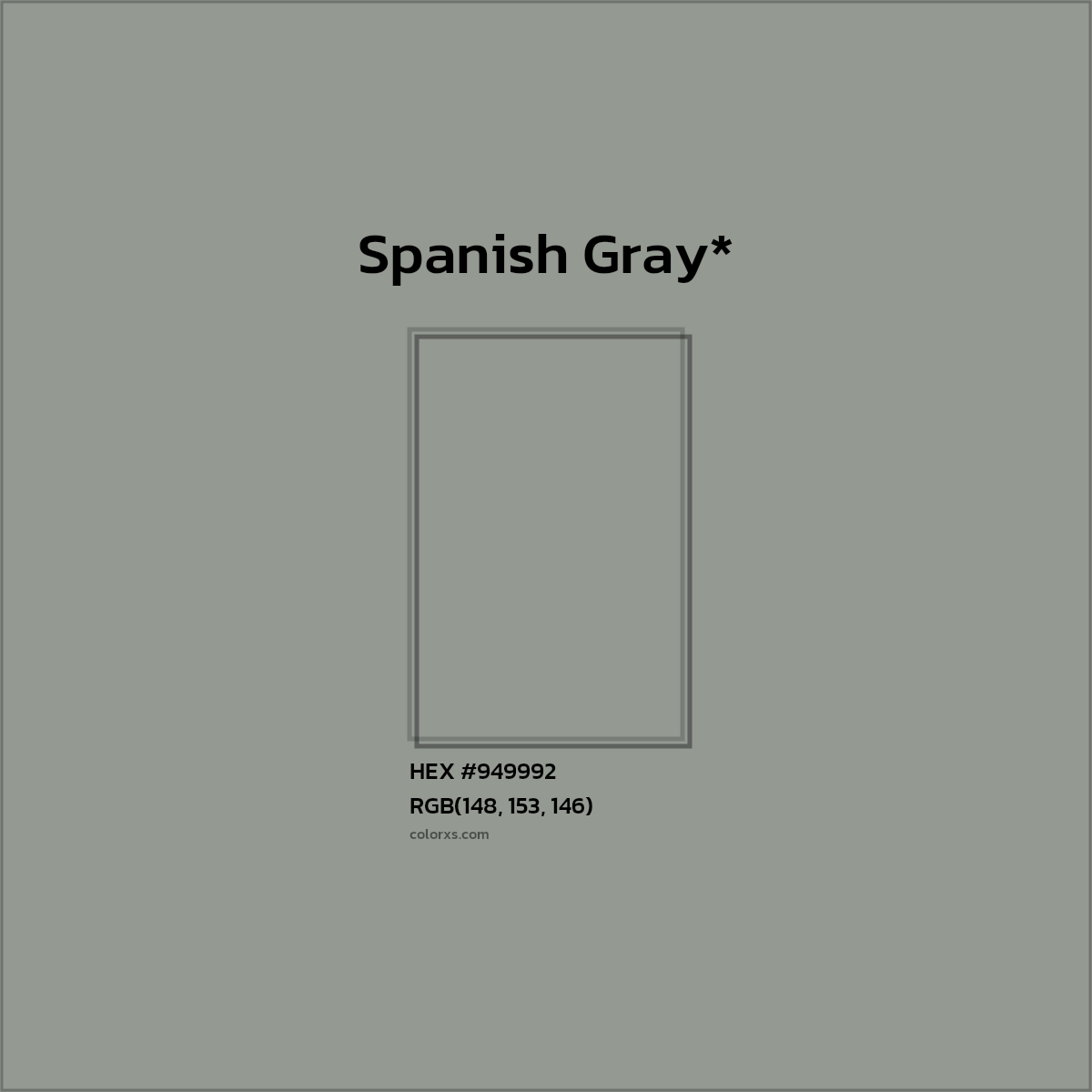 #949992 hex color. RGB, RYB, CMYK, HSL, HSV codes and color conversions. Matching color names, palettes, paints.
