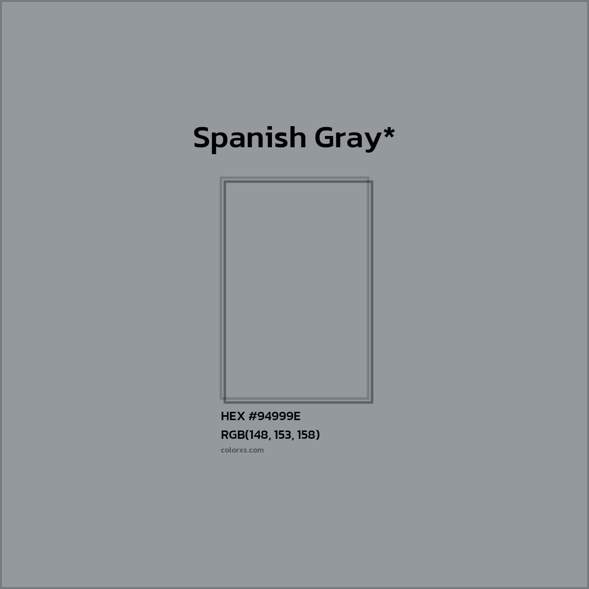 #94999E hex color. RGB, RYB, CMYK, HSL, HSV codes and color conversions. Matching color names, palettes, paints.