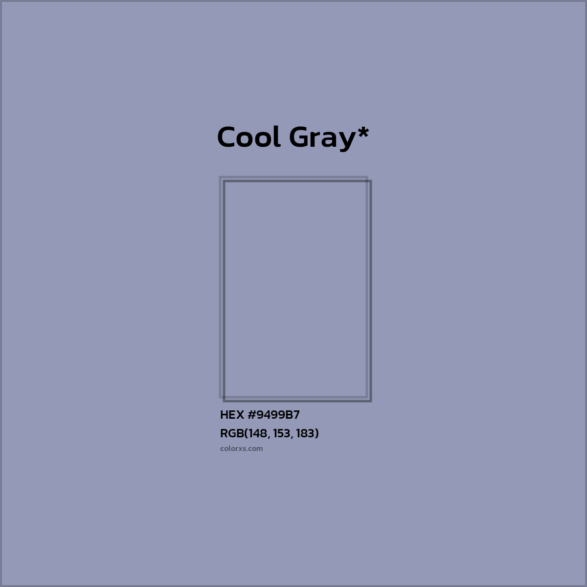 #9499B7 hex color. RGB, RYB, CMYK, HSL, HSV codes and color conversions. Matching color names, palettes, paints.