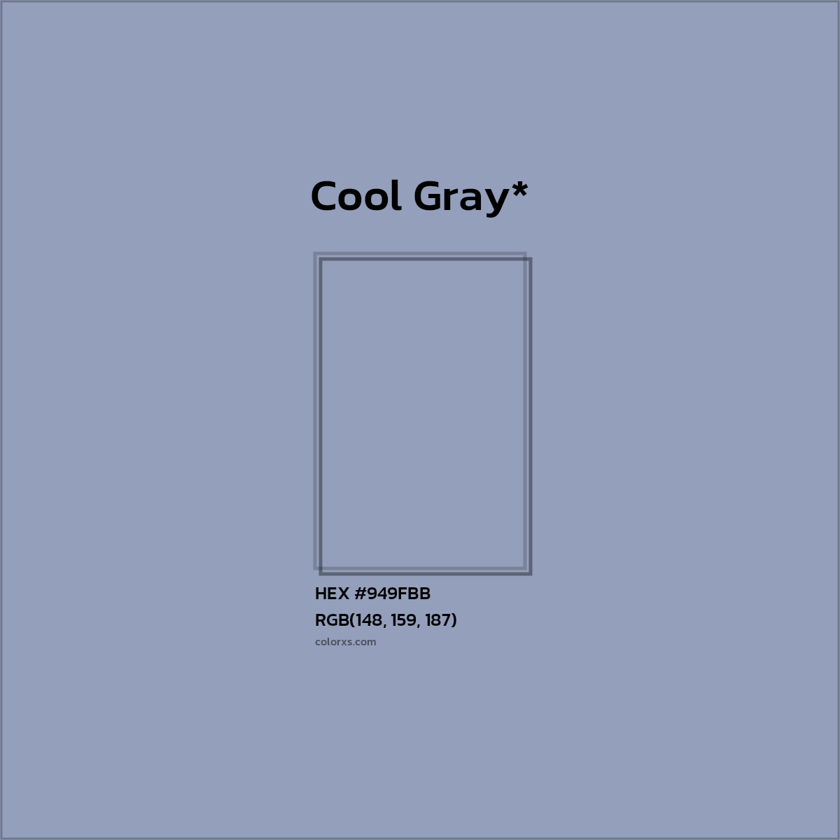 #949FBB hex color. RGB, RYB, CMYK, HSL, HSV codes and color conversions. Matching color names, palettes, paints.