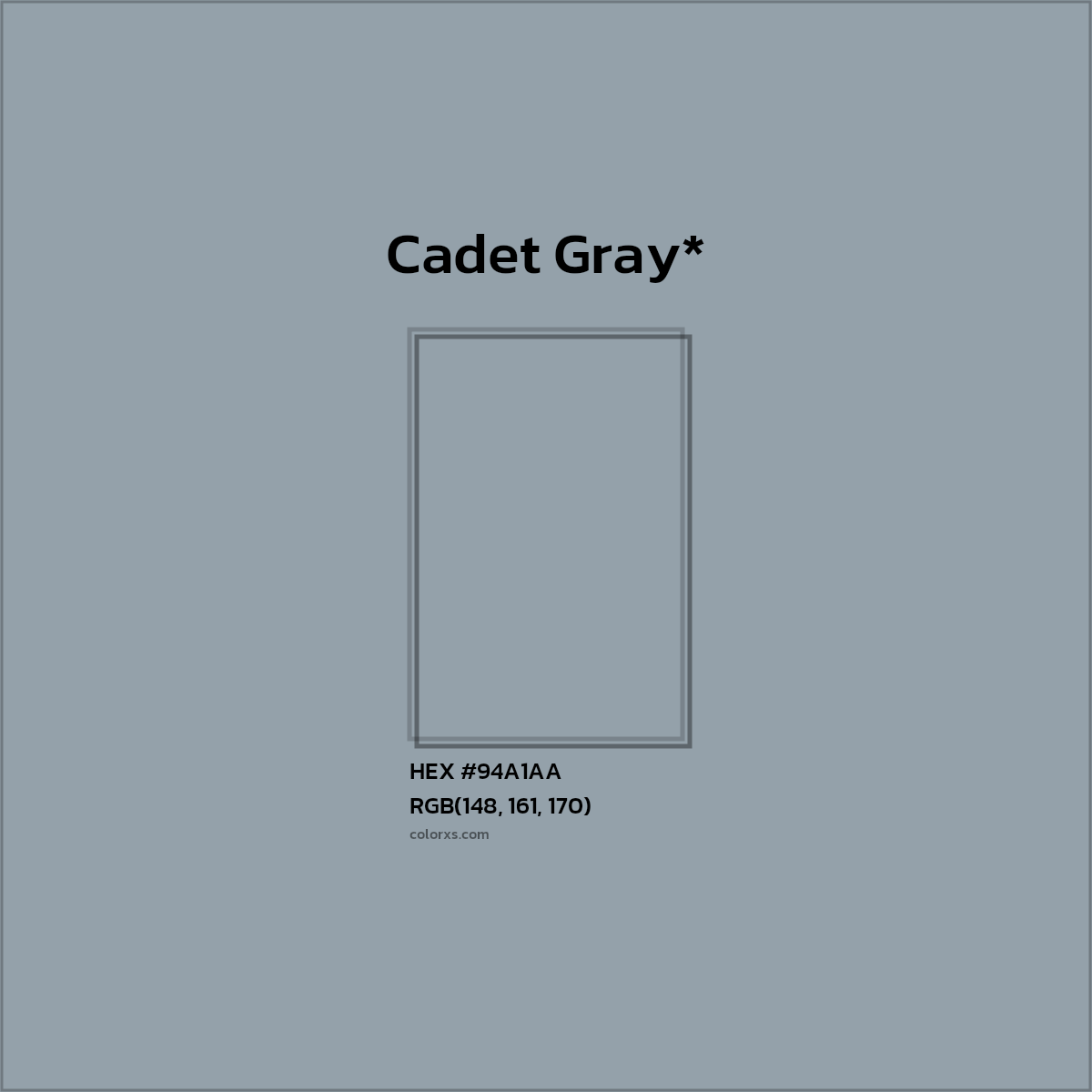 #94A1AA hex color. RGB, RYB, CMYK, HSL, HSV codes and color conversions. Matching color names, palettes, paints.