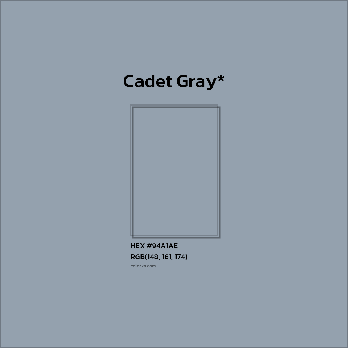 #94A1AE hex color. RGB, RYB, CMYK, HSL, HSV codes and color conversions. Matching color names, palettes, paints.