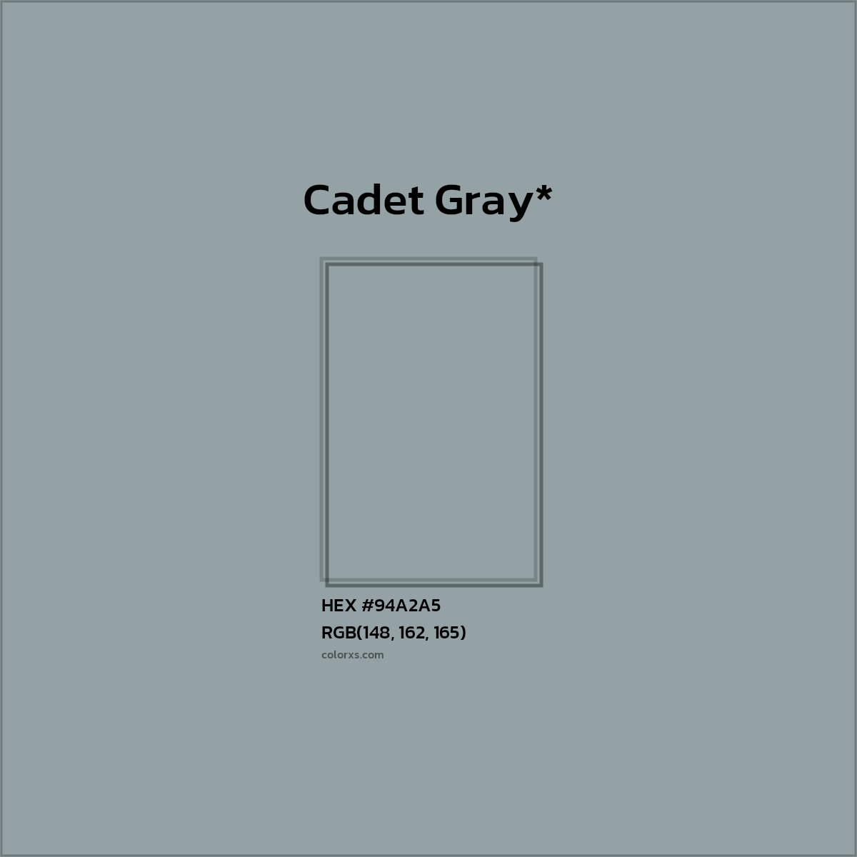 #94A2A5 hex color. RGB, RYB, CMYK, HSL, HSV codes and color conversions. Matching color names, palettes, paints.