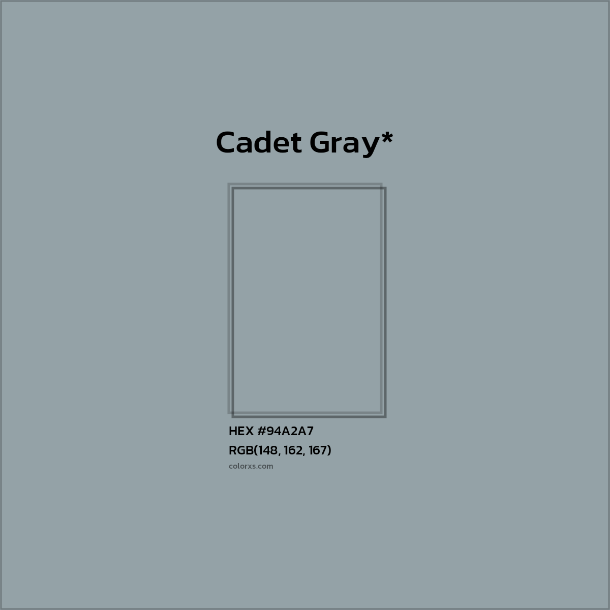 #94A2A7 hex color. RGB, RYB, CMYK, HSL, HSV codes and color conversions. Matching color names, palettes, paints.