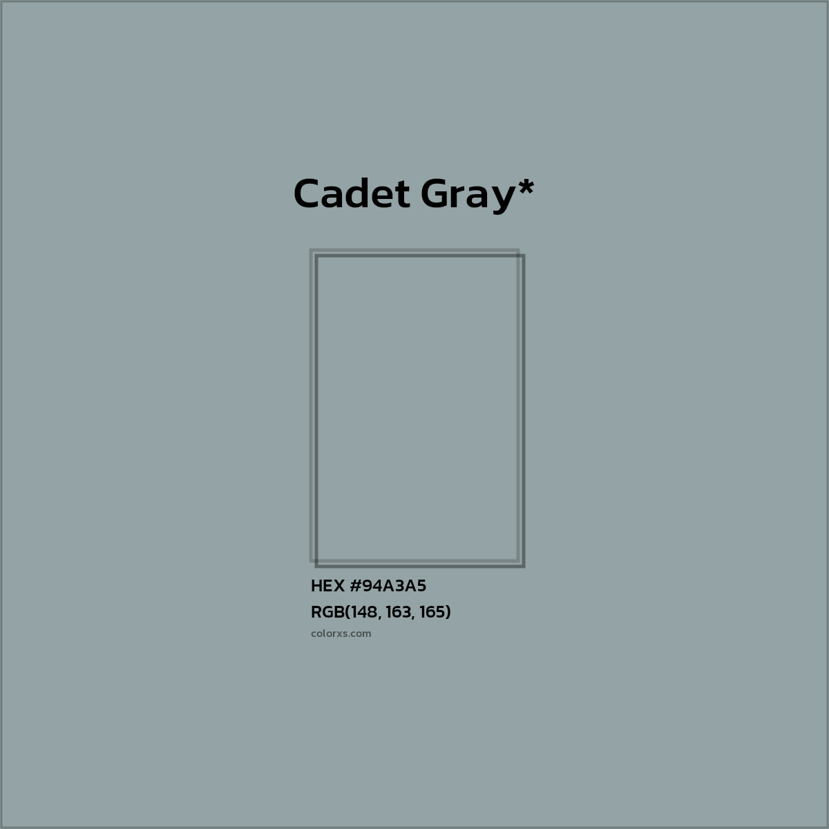 #94A3A5 hex color. RGB, RYB, CMYK, HSL, HSV codes and color conversions. Matching color names, palettes, paints.