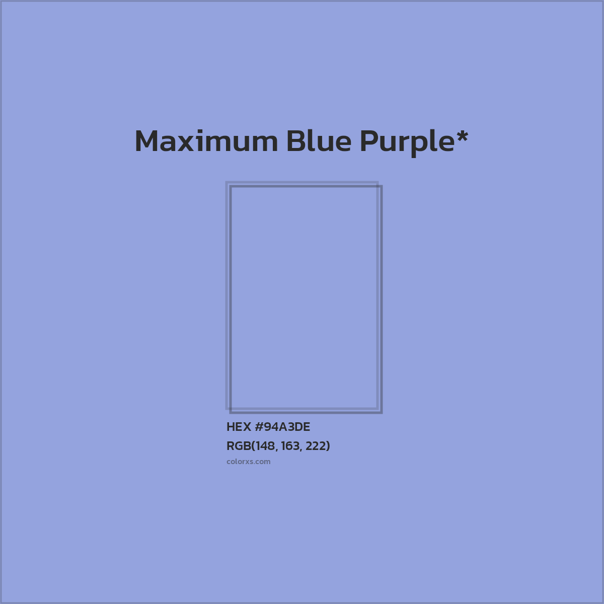 #94A3DE hex color. RGB, RYB, CMYK, HSL, HSV codes and color conversions. Matching color names, palettes, paints.
