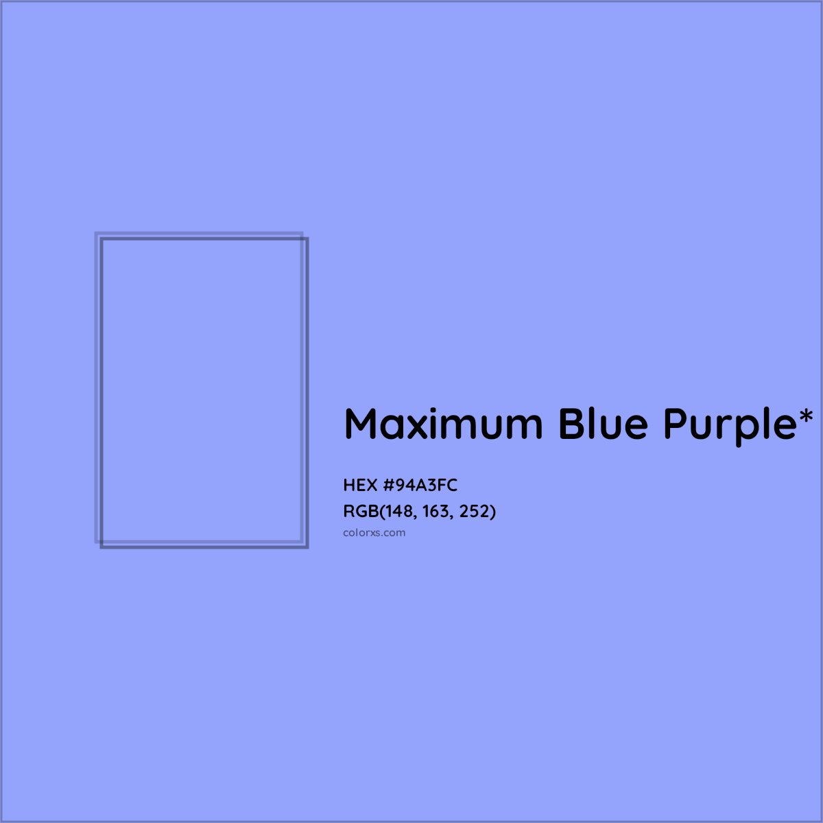 #94A3FC hex color. RGB, RYB, CMYK, HSL, HSV codes and color conversions. Matching color names, palettes, paints.