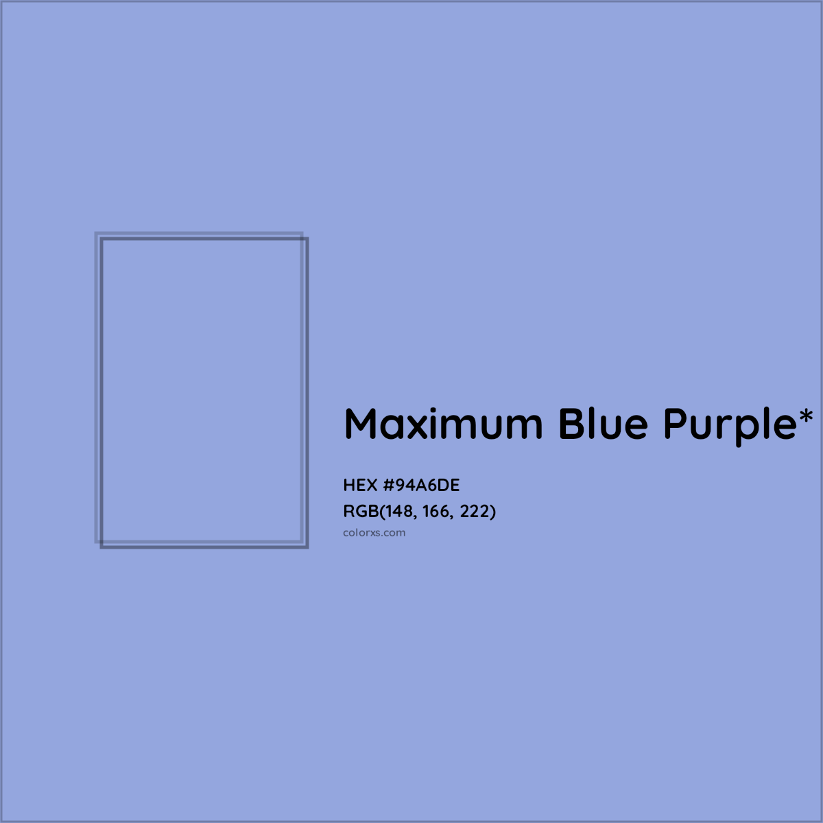 #94A6DE hex color. RGB, RYB, CMYK, HSL, HSV codes and color conversions. Matching color names, palettes, paints.