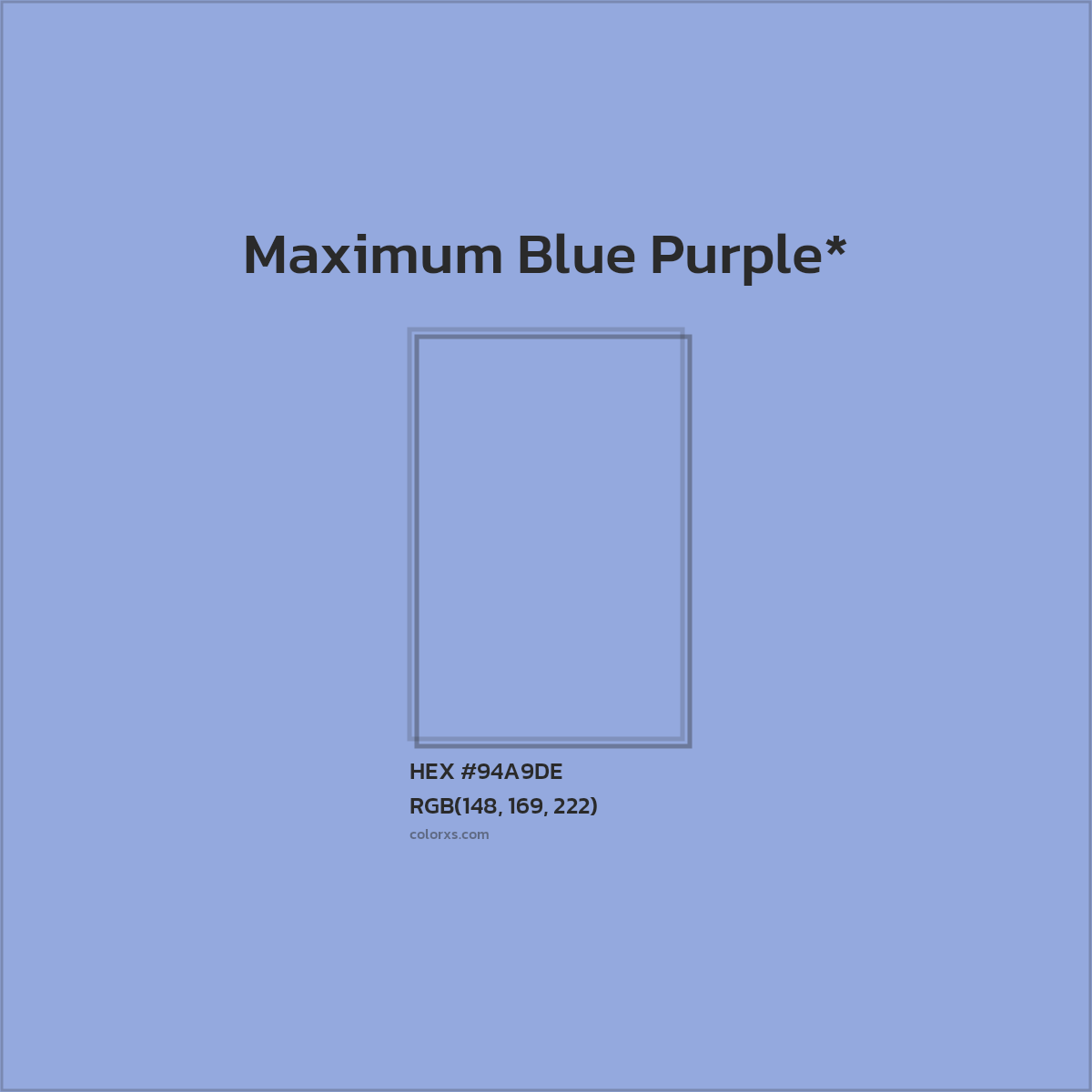 #94A9DE hex color. RGB, RYB, CMYK, HSL, HSV codes and color conversions. Matching color names, palettes, paints.