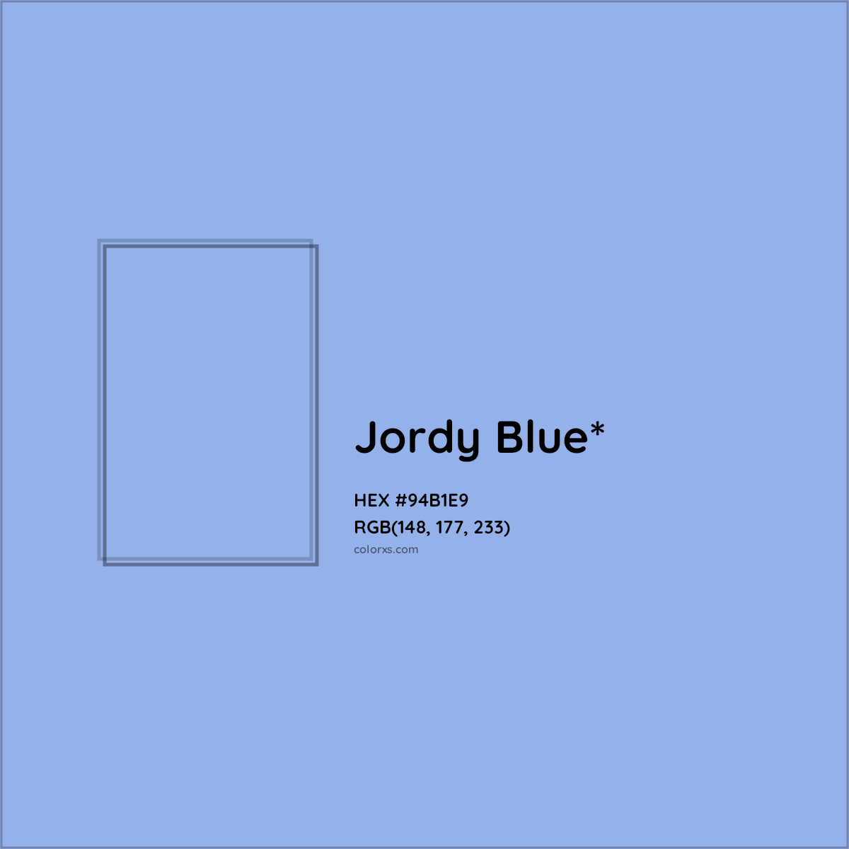 #94B1E9 hex color. RGB, RYB, CMYK, HSL, HSV codes and color conversions. Matching color names, palettes, paints.