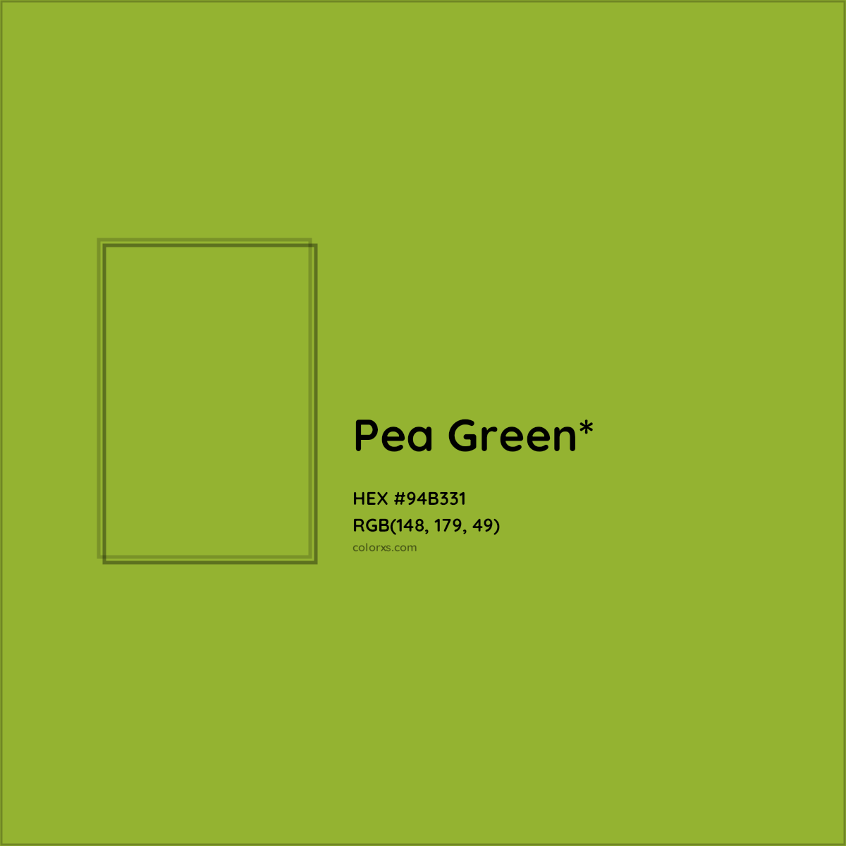 #94B331 hex color. RGB, RYB, CMYK, HSL, HSV codes and color conversions. Matching color names, palettes, paints.