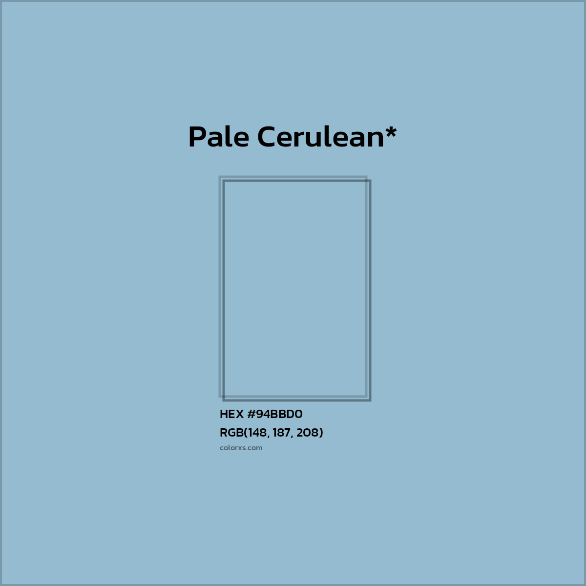 #94BBD0 hex color. RGB, RYB, CMYK, HSL, HSV codes and color conversions. Matching color names, palettes, paints.