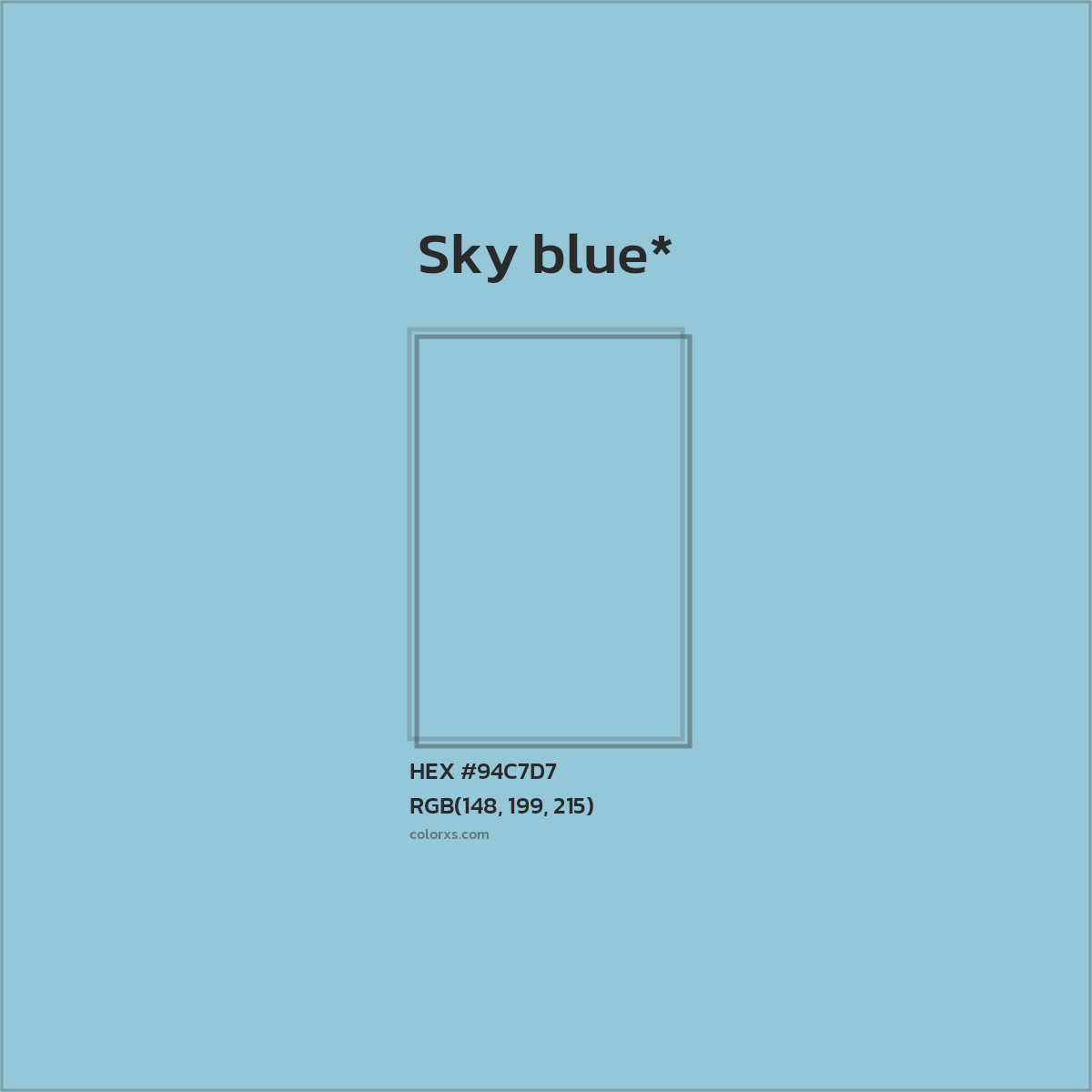 #94C7D7 hex color. RGB, RYB, CMYK, HSL, HSV codes and color conversions. Matching color names, palettes, paints.