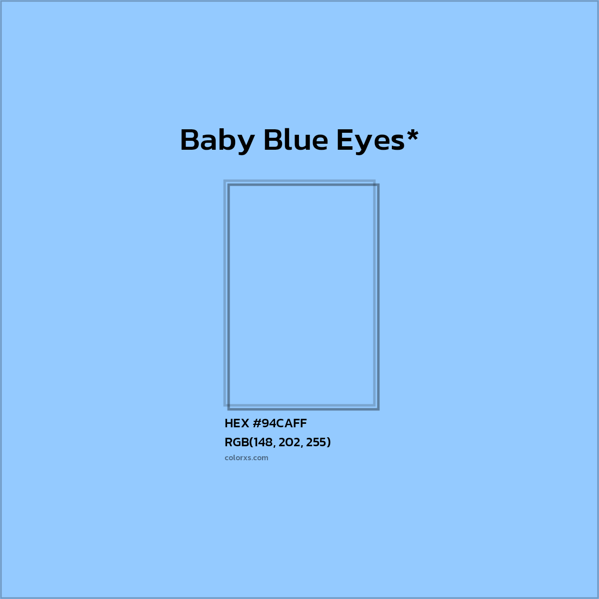 #94CAFF hex color. RGB, RYB, CMYK, HSL, HSV codes and color conversions. Matching color names, palettes, paints.
