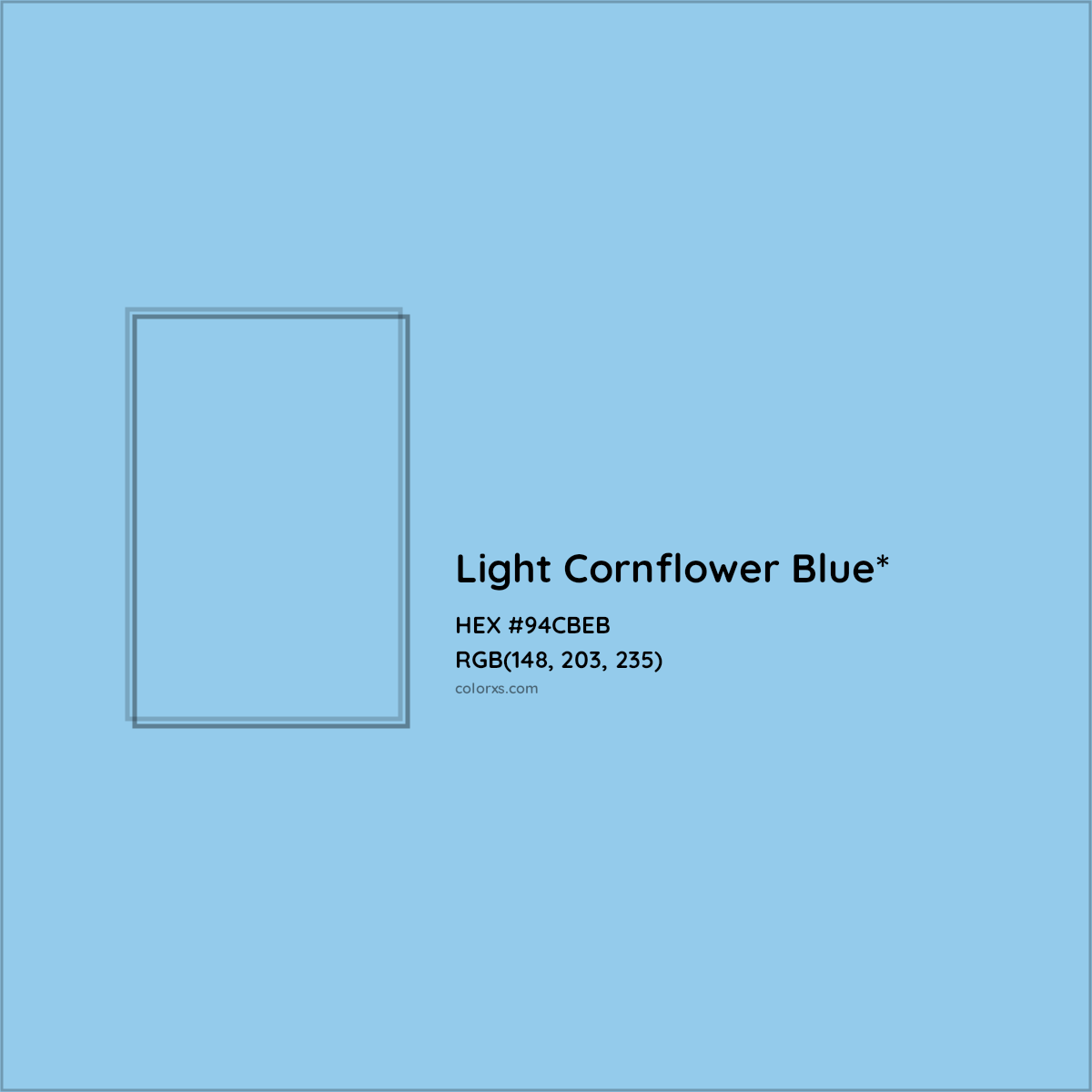 #94CBEB hex color. RGB, RYB, CMYK, HSL, HSV codes and color conversions. Matching color names, palettes, paints.