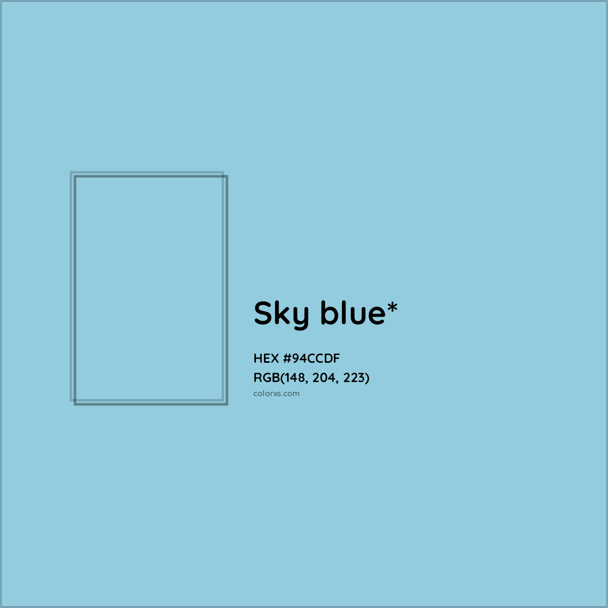#94CCDF hex color. RGB, RYB, CMYK, HSL, HSV codes and color conversions. Matching color names, palettes, paints.