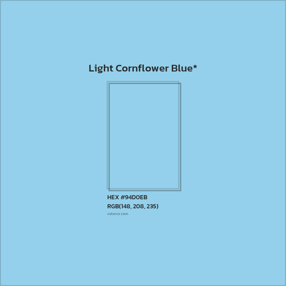#94D0EB hex color. RGB, RYB, CMYK, HSL, HSV codes and color conversions. Matching color names, palettes, paints.