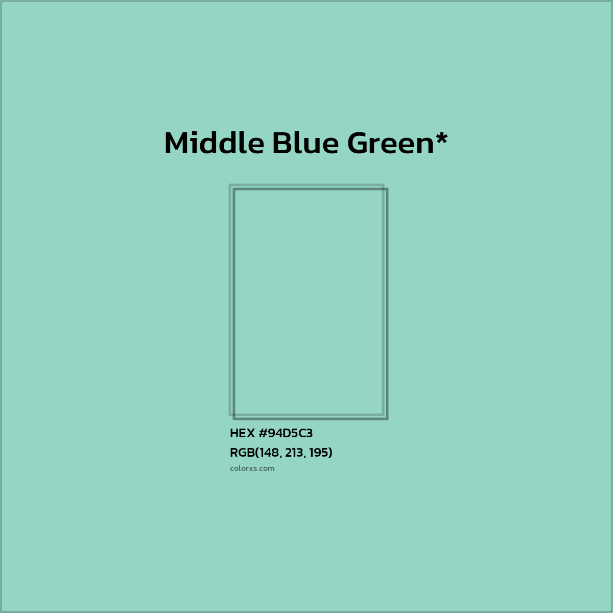 #94D5C3 hex color. RGB, RYB, CMYK, HSL, HSV codes and color conversions. Matching color names, palettes, paints.