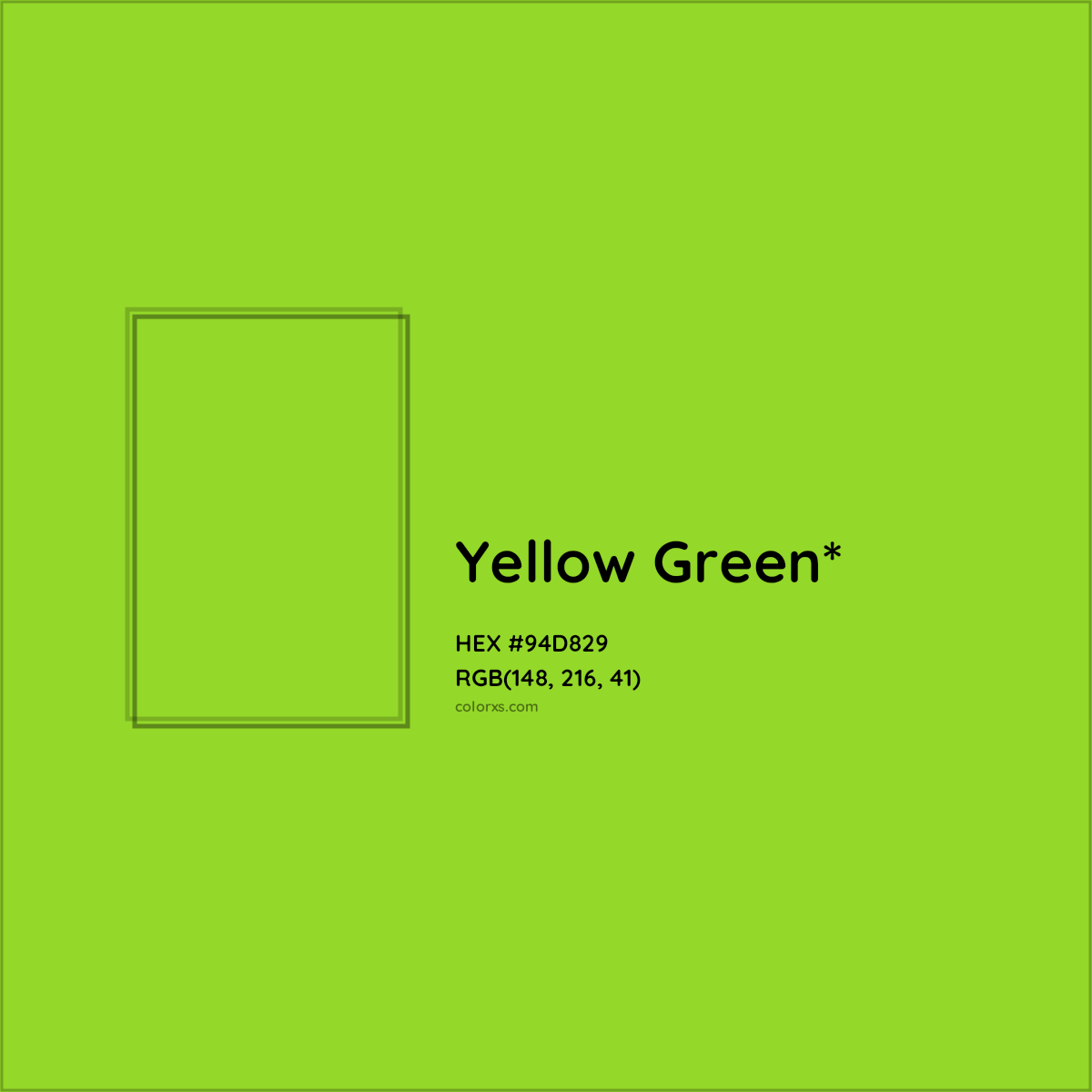 #94D829 hex color. RGB, RYB, CMYK, HSL, HSV codes and color conversions. Matching color names, palettes, paints.