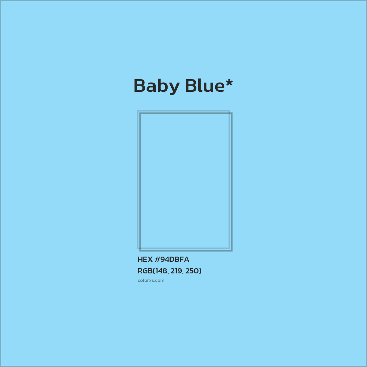 #94DBFA hex color. RGB, RYB, CMYK, HSL, HSV codes and color conversions. Matching color names, palettes, paints.