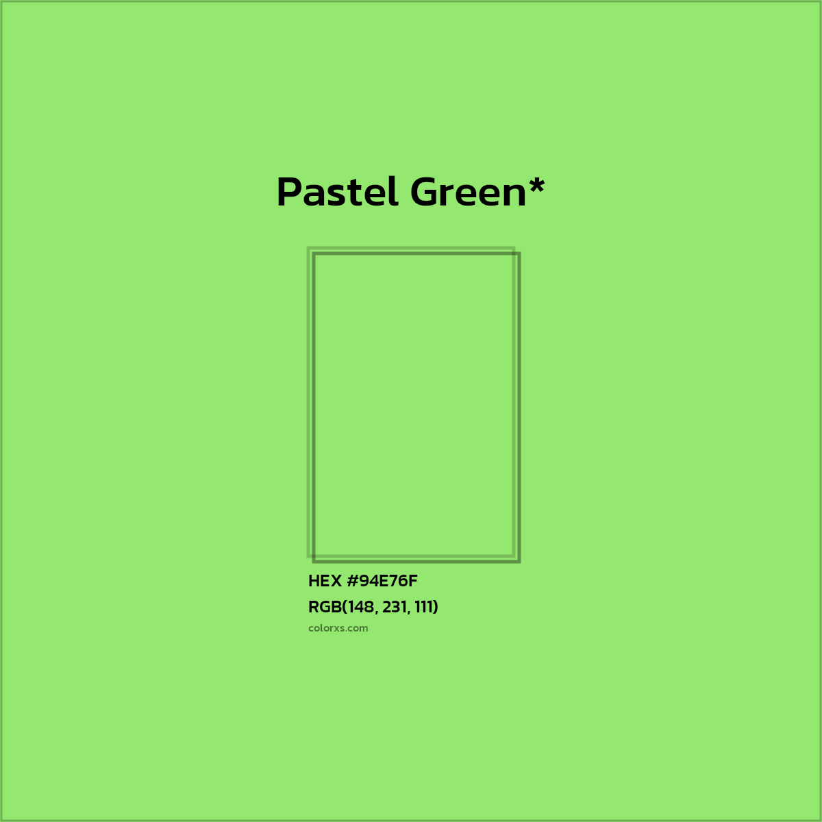 #94E76F hex color. RGB, RYB, CMYK, HSL, HSV codes and color conversions. Matching color names, palettes, paints.