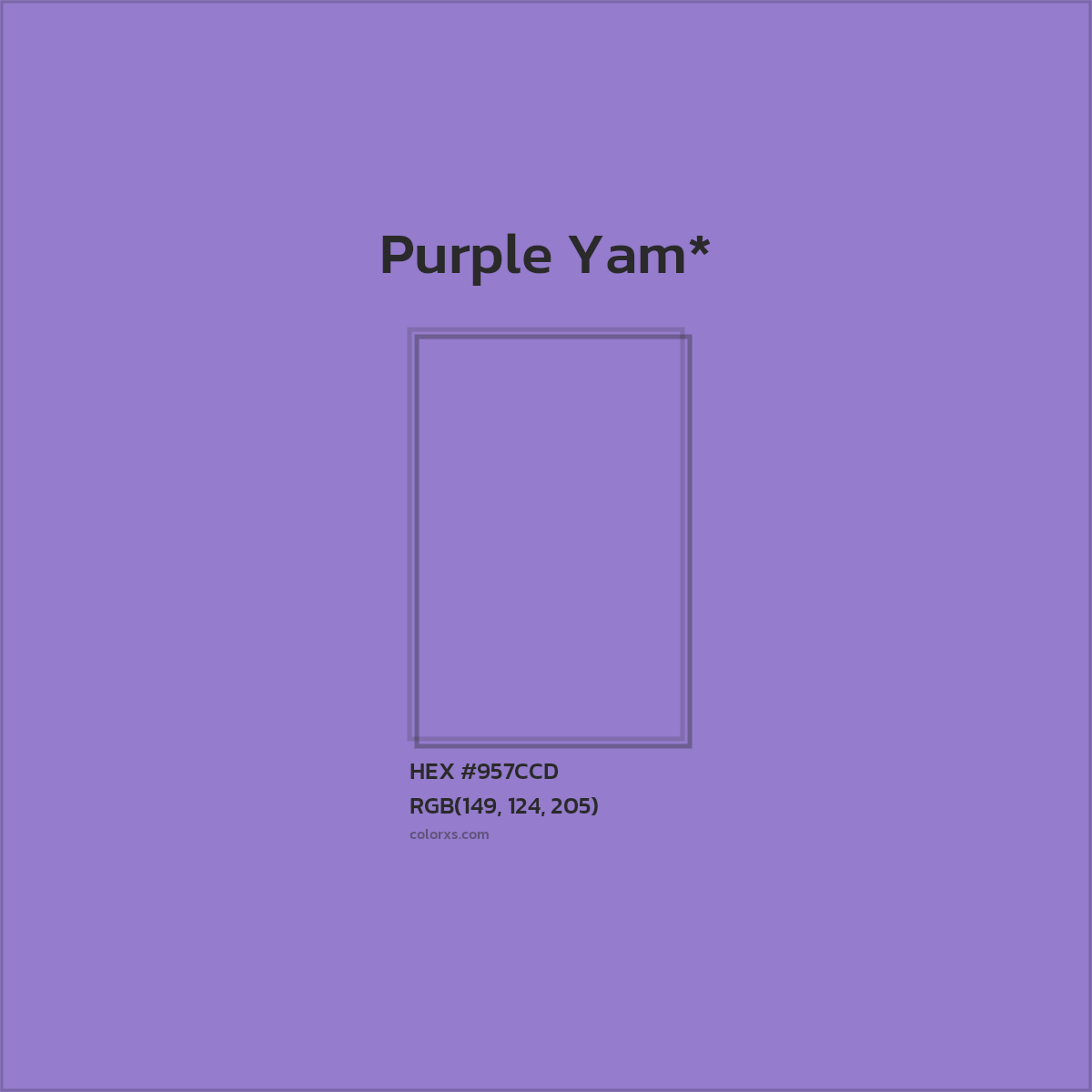 #957CCD hex color. RGB, RYB, CMYK, HSL, HSV codes and color conversions. Matching color names, palettes, paints.