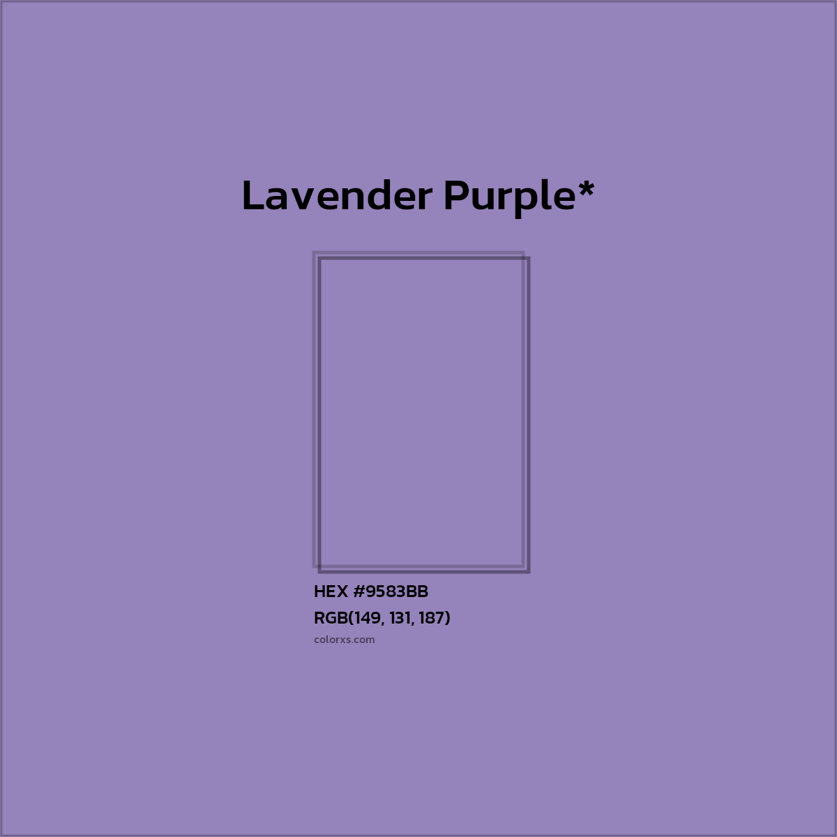#9583BB hex color. RGB, RYB, CMYK, HSL, HSV codes and color conversions. Matching color names, palettes, paints.