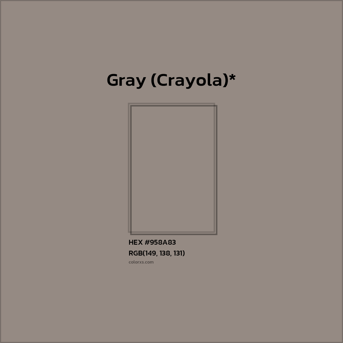 #958A83 hex color. RGB, RYB, CMYK, HSL, HSV codes and color conversions. Matching color names, palettes, paints.