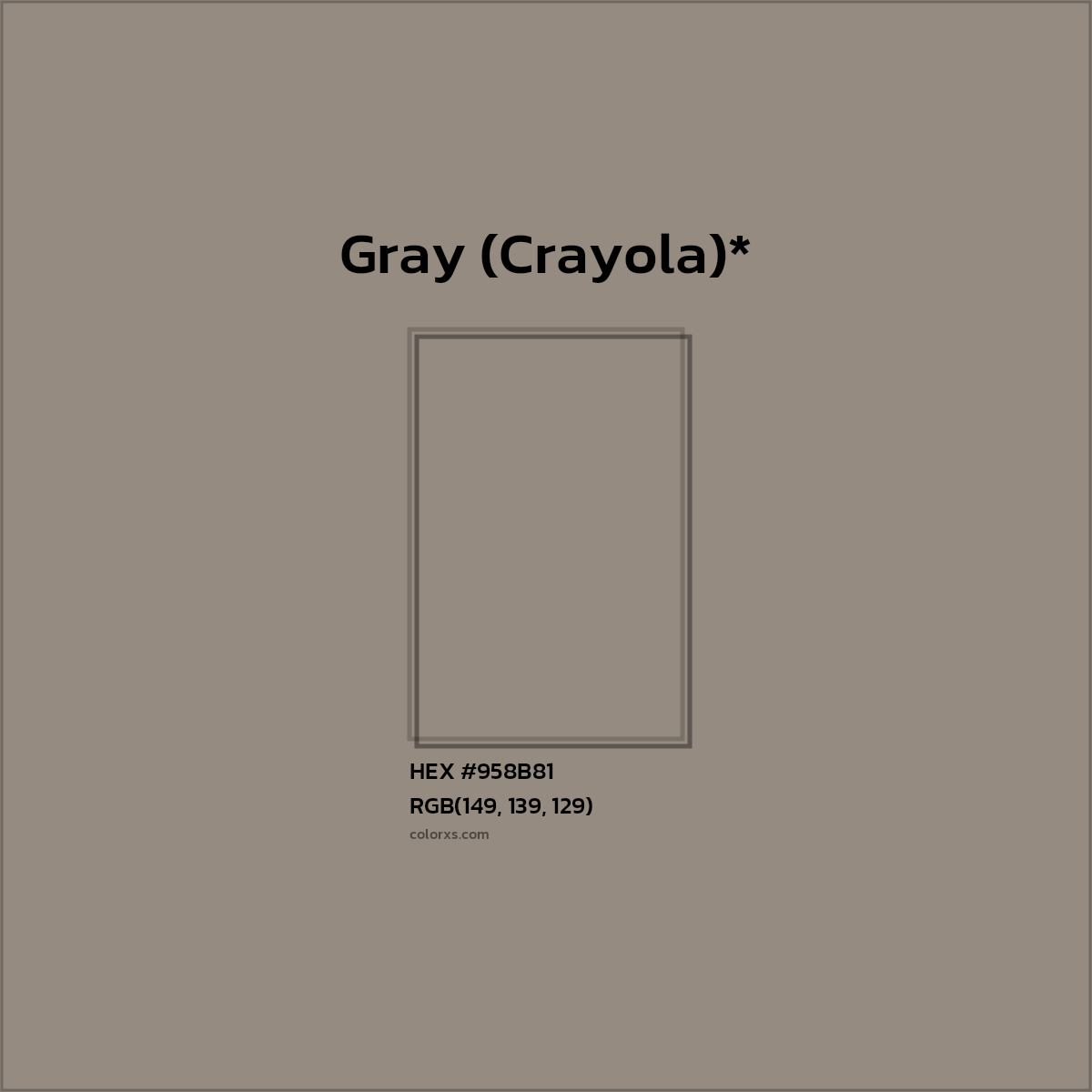 #958B81 hex color. RGB, RYB, CMYK, HSL, HSV codes and color conversions. Matching color names, palettes, paints.