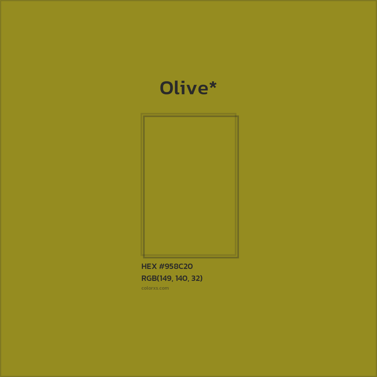 #958C20 hex color. RGB, RYB, CMYK, HSL, HSV codes and color conversions. Matching color names, palettes, paints.