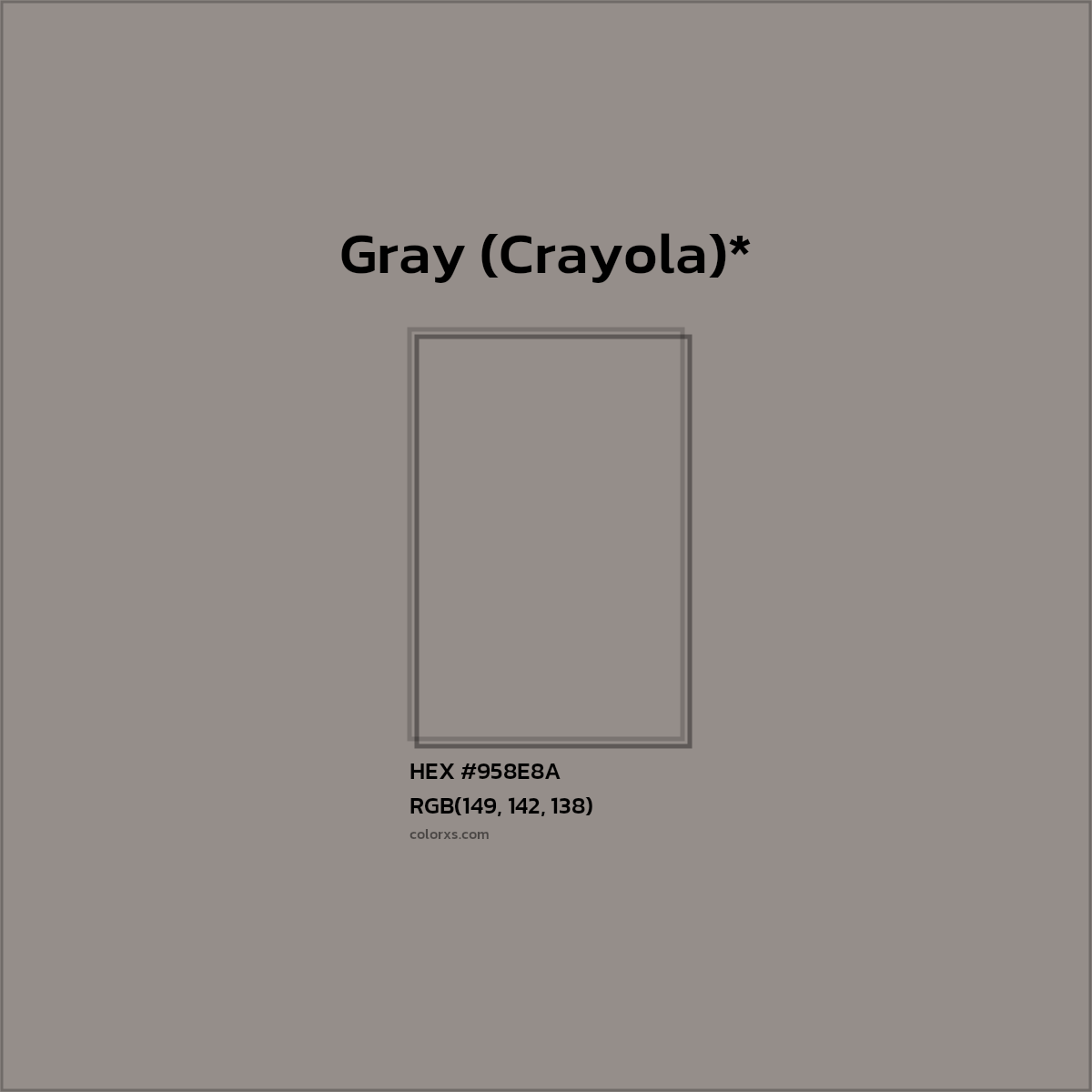 #958E8A hex color. RGB, RYB, CMYK, HSL, HSV codes and color conversions. Matching color names, palettes, paints.