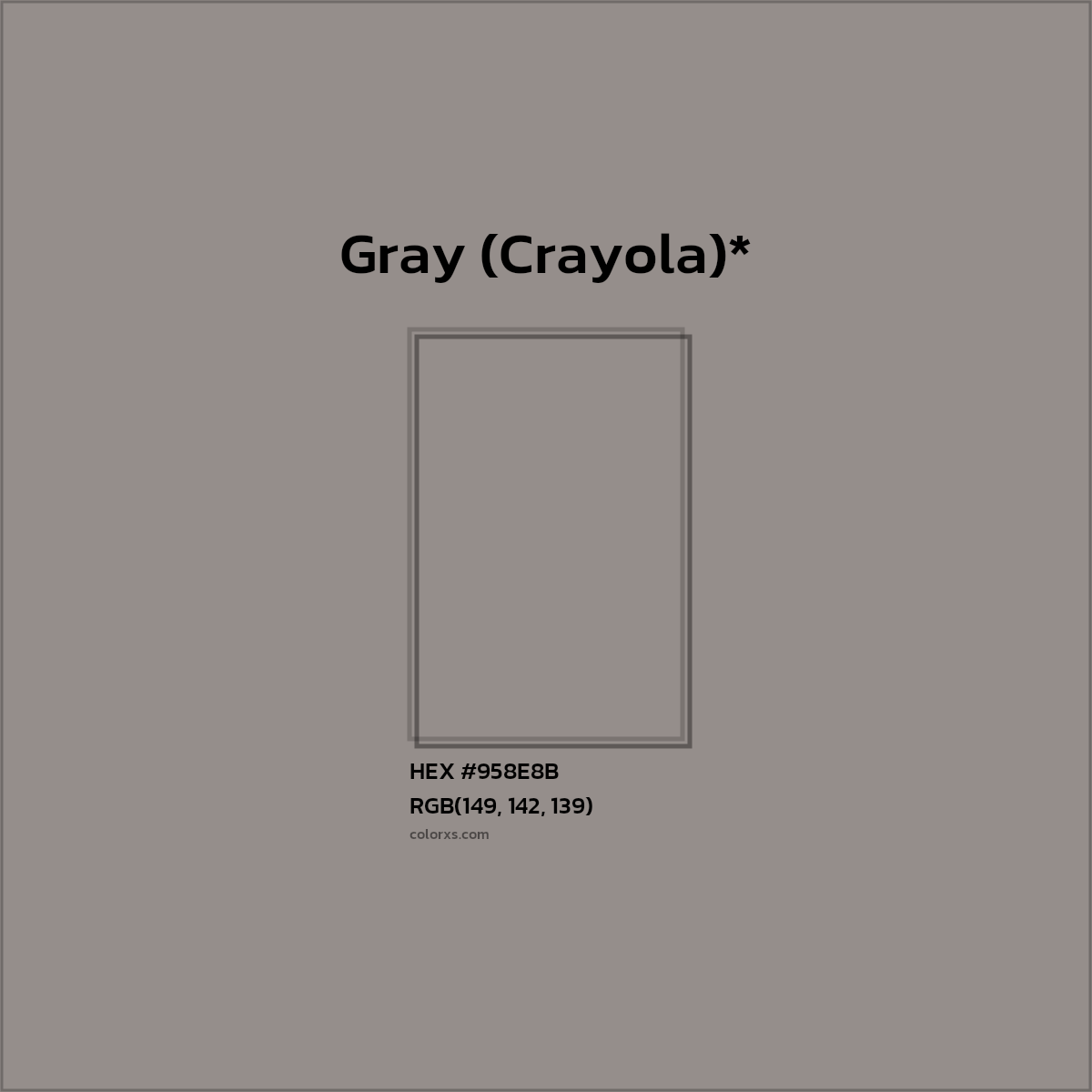 #958E8B hex color. RGB, RYB, CMYK, HSL, HSV codes and color conversions. Matching color names, palettes, paints.