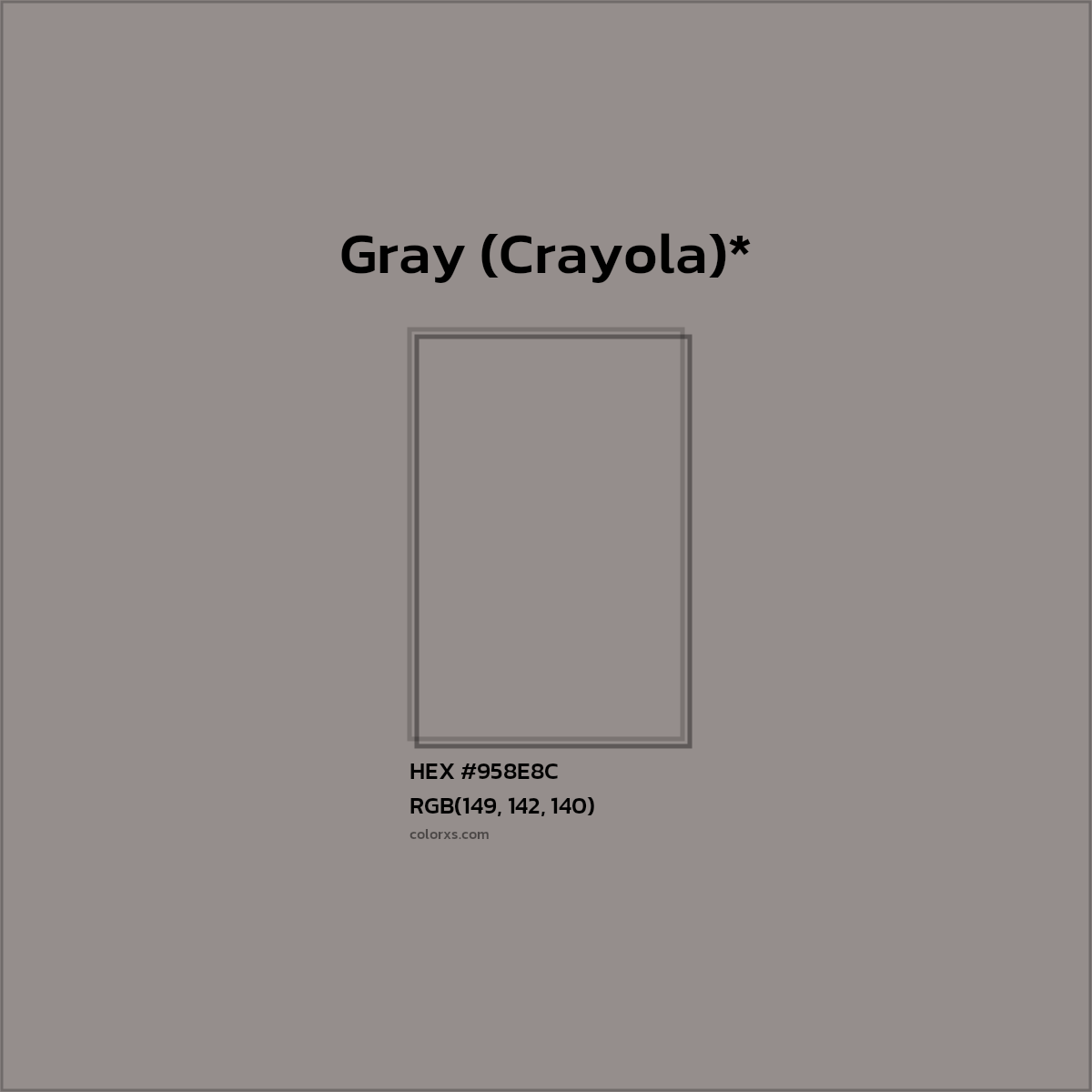 #958E8C hex color. RGB, RYB, CMYK, HSL, HSV codes and color conversions. Matching color names, palettes, paints.
