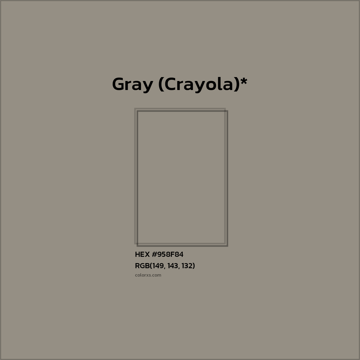 #958F84 hex color. RGB, RYB, CMYK, HSL, HSV codes and color conversions. Matching color names, palettes, paints.