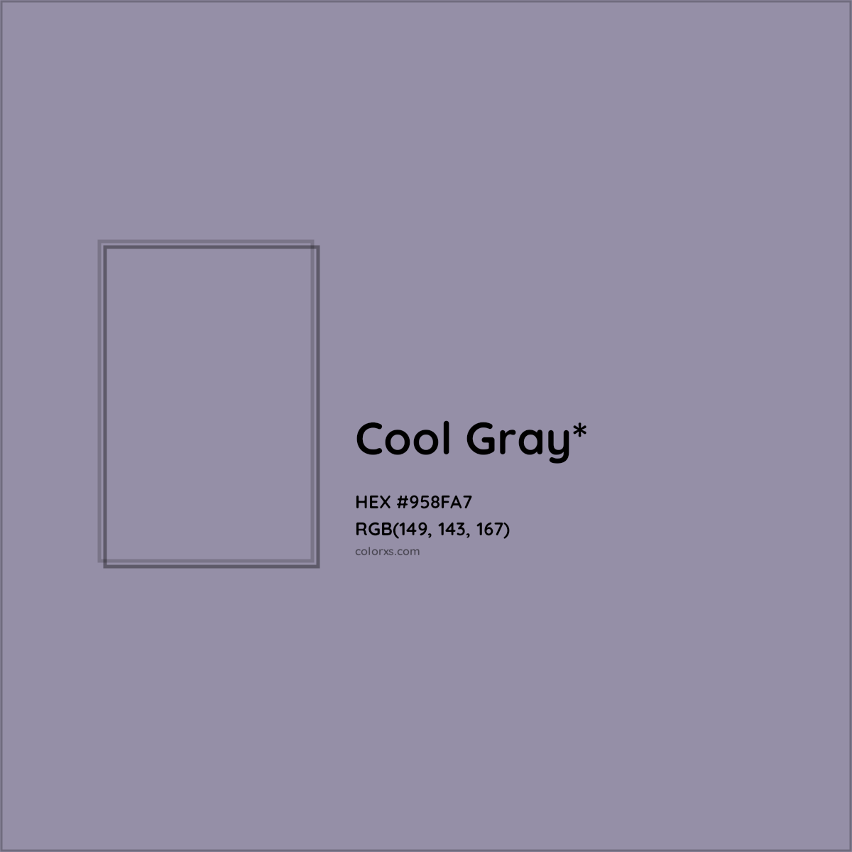 #958FA7 hex color. RGB, RYB, CMYK, HSL, HSV codes and color conversions. Matching color names, palettes, paints.