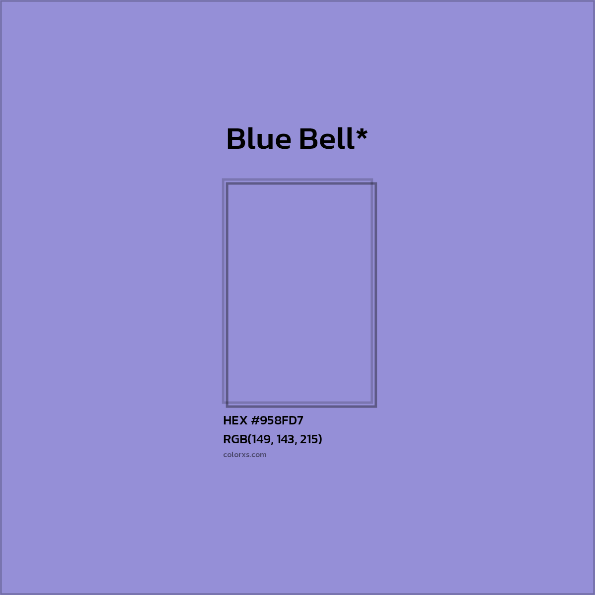#958FD7 hex color. RGB, RYB, CMYK, HSL, HSV codes and color conversions. Matching color names, palettes, paints.