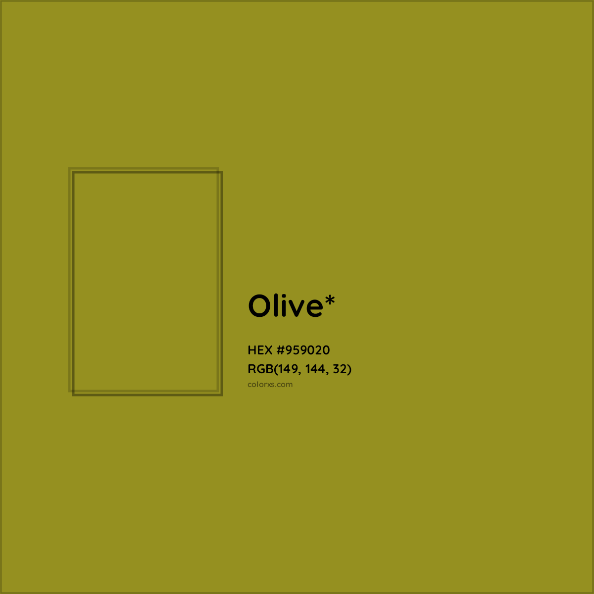 #959020 hex color. RGB, RYB, CMYK, HSL, HSV codes and color conversions. Matching color names, palettes, paints.