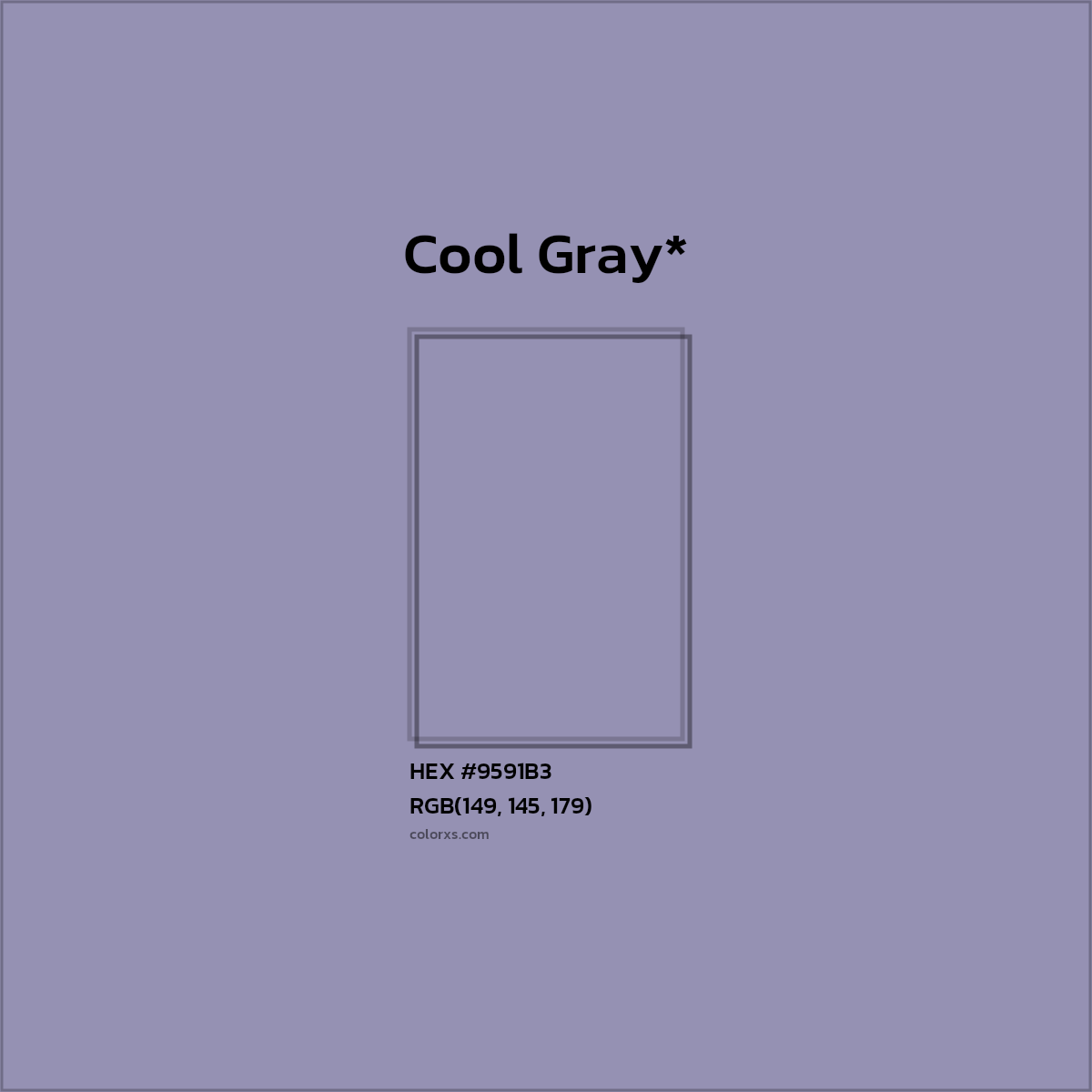 #9591B3 hex color. RGB, RYB, CMYK, HSL, HSV codes and color conversions. Matching color names, palettes, paints.