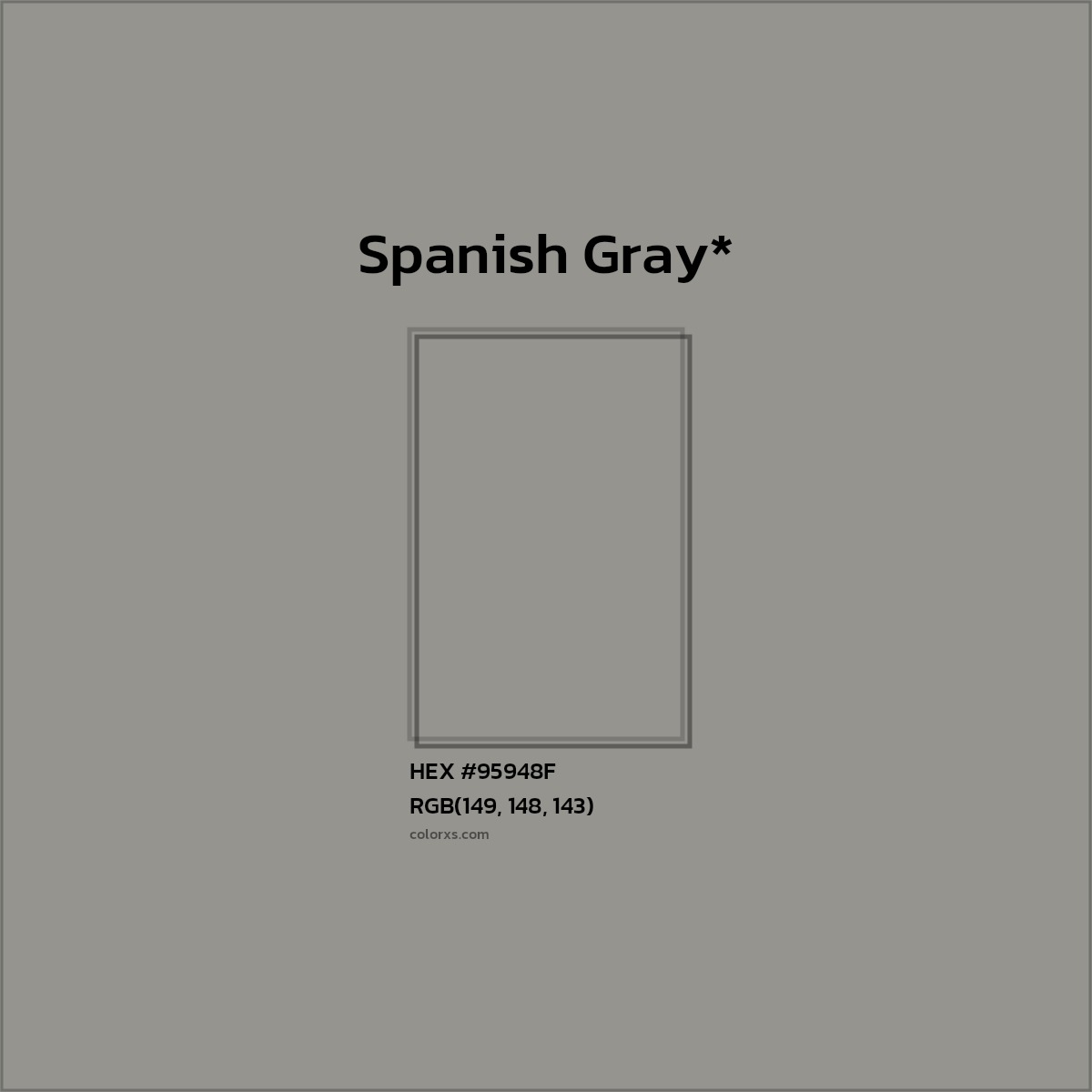 #95948F hex color. RGB, RYB, CMYK, HSL, HSV codes and color conversions. Matching color names, palettes, paints.