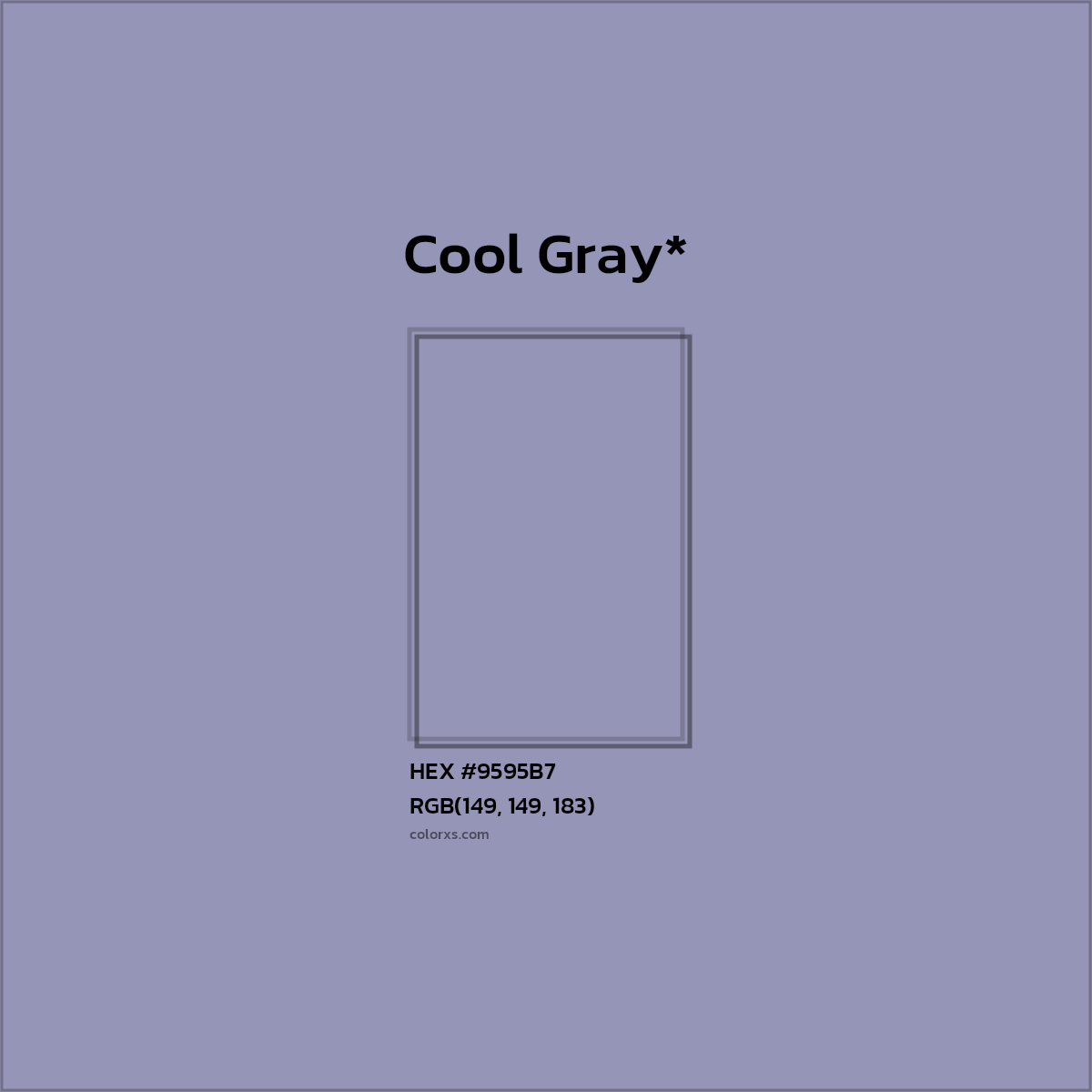 #9595B7 hex color. RGB, RYB, CMYK, HSL, HSV codes and color conversions. Matching color names, palettes, paints.