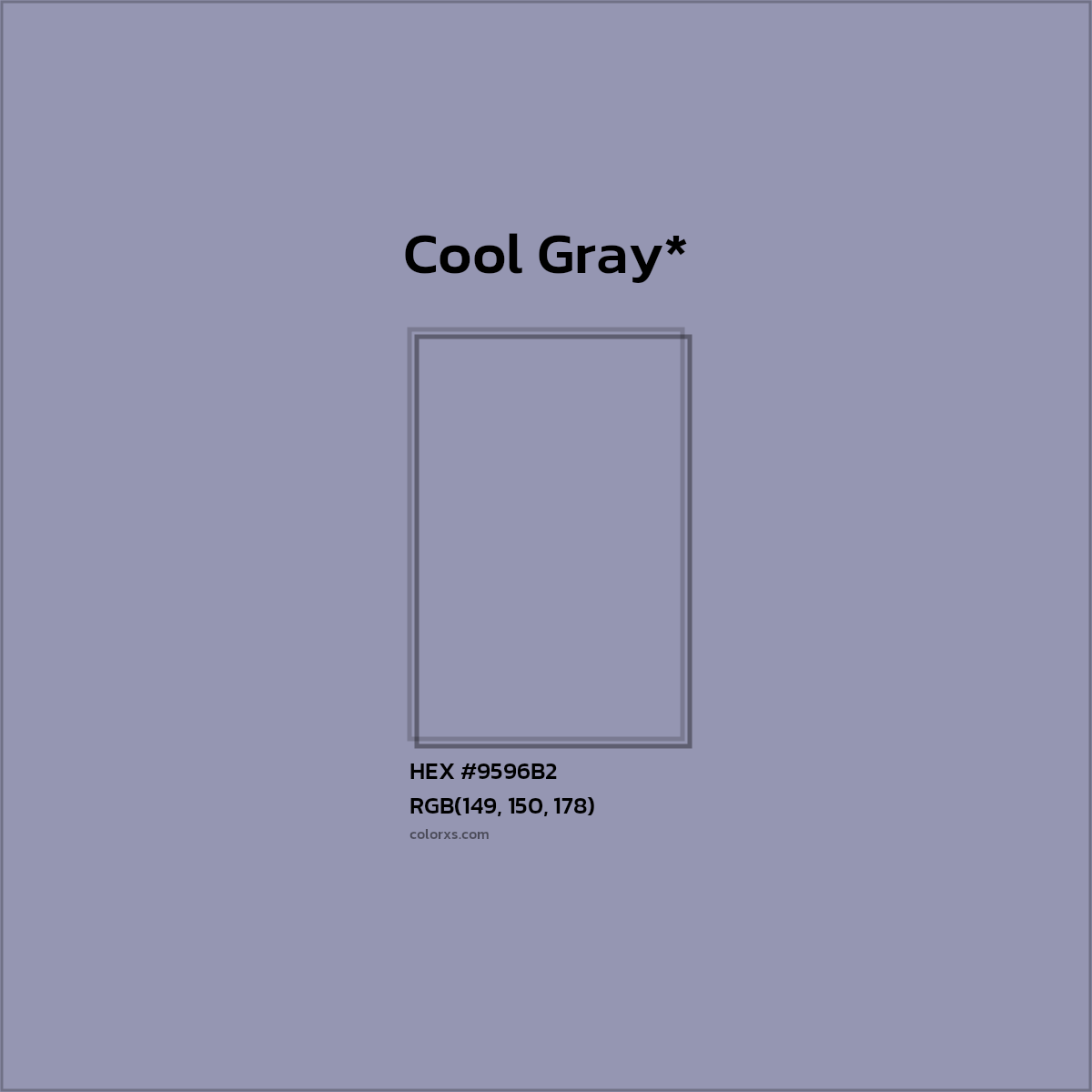 #9596B2 hex color. RGB, RYB, CMYK, HSL, HSV codes and color conversions. Matching color names, palettes, paints.