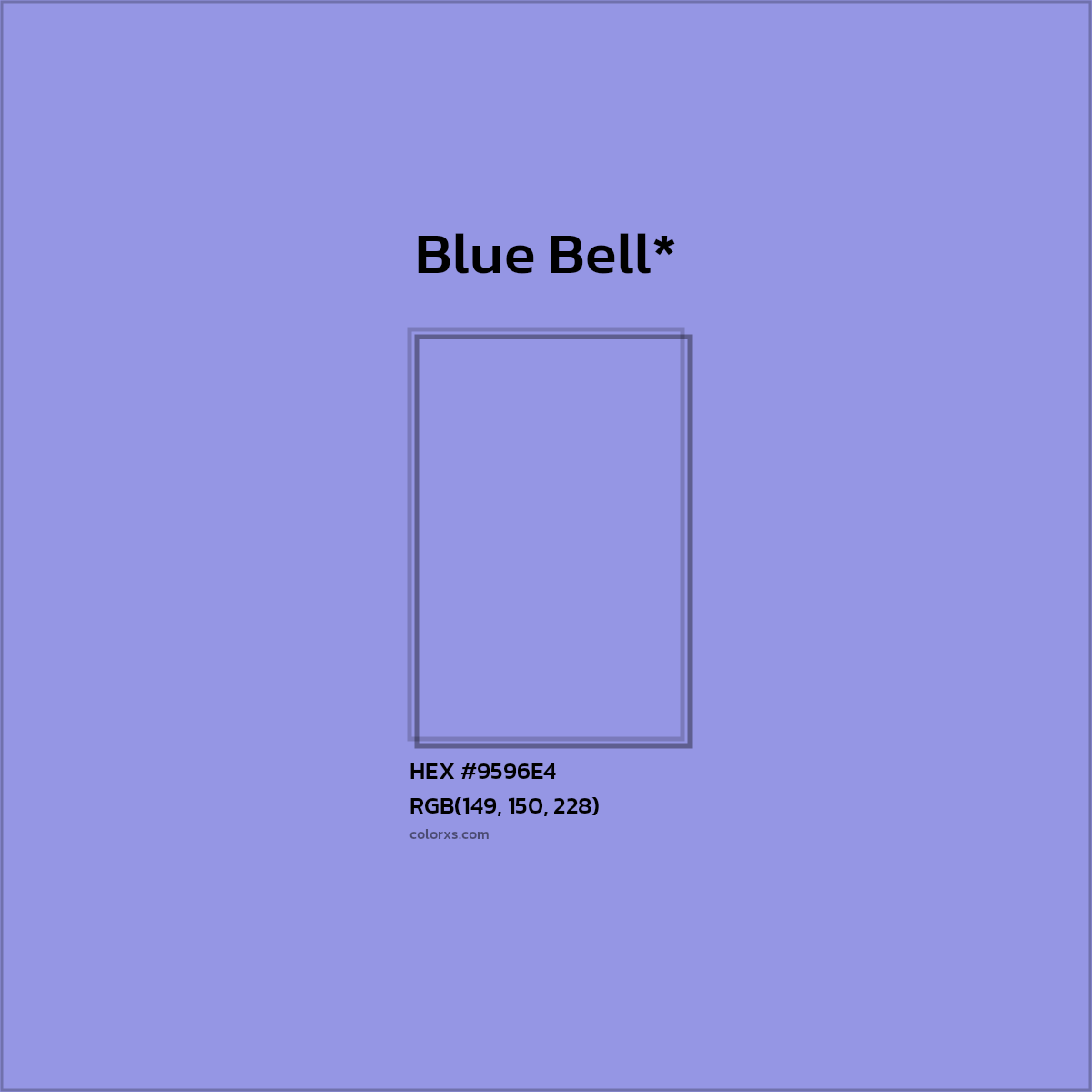 #9596E4 hex color. RGB, RYB, CMYK, HSL, HSV codes and color conversions. Matching color names, palettes, paints.